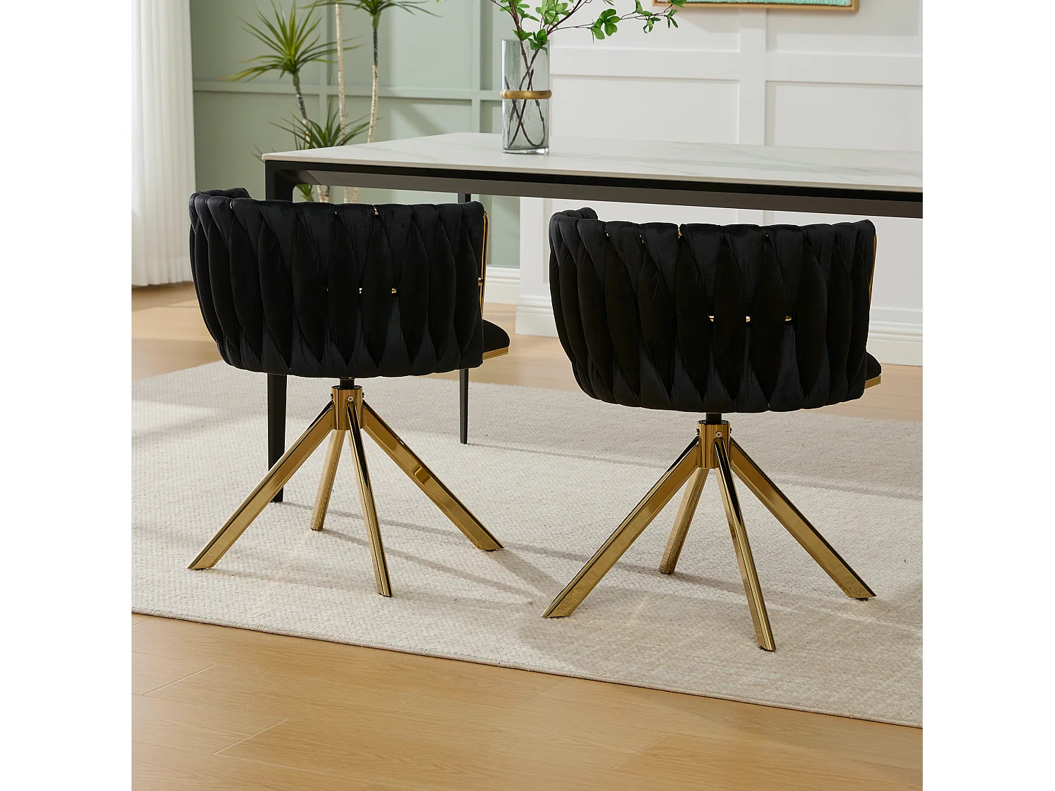 Lot de 2 chaises de salle à manger pivotantes à 180°, pour le salon, pied en métal doré, Velours noir