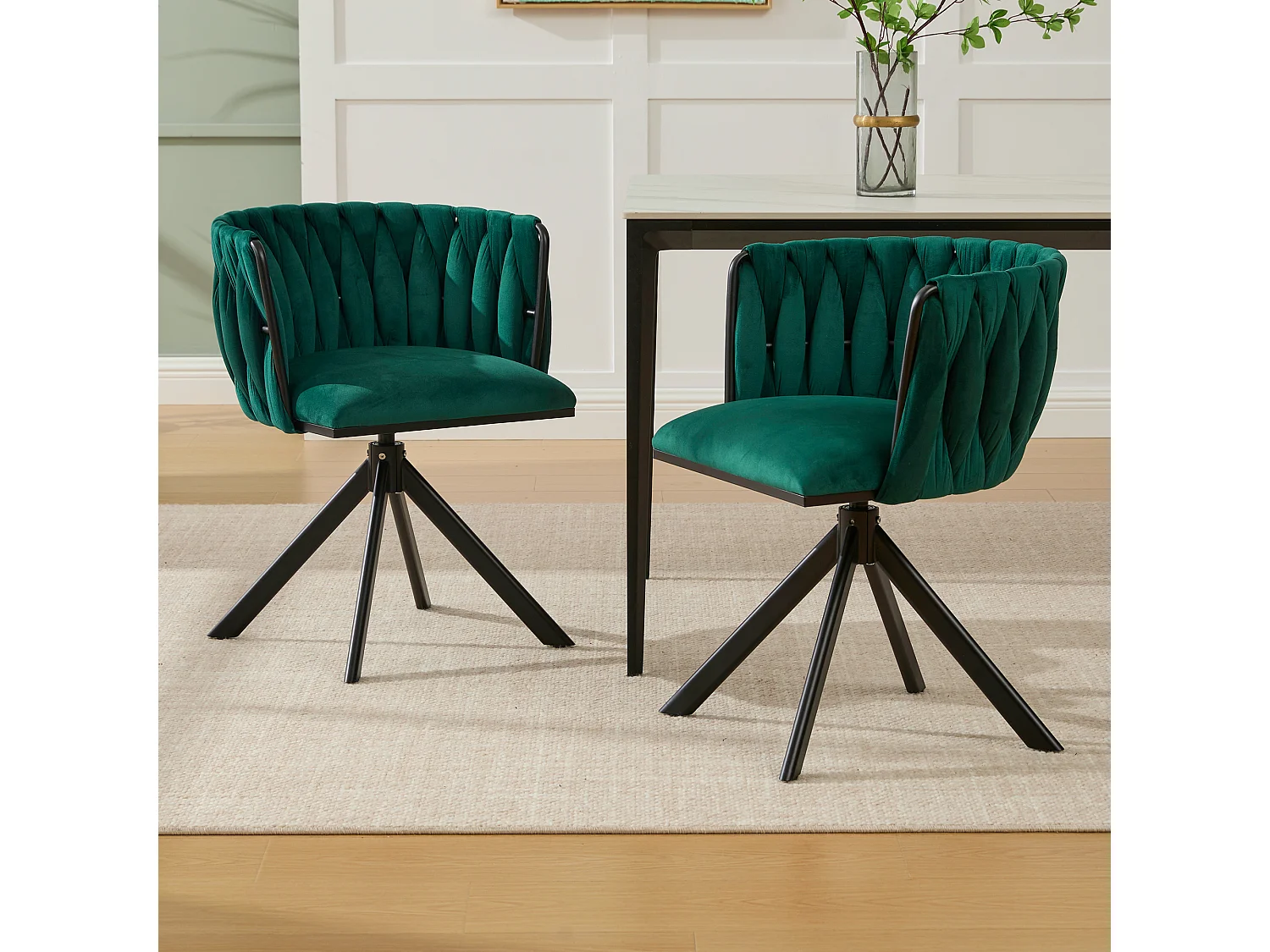 Lot de 2 chaises de salle à manger pivotantes à 180°, pour le salon, pied en métal noir, Velours vert émeraude