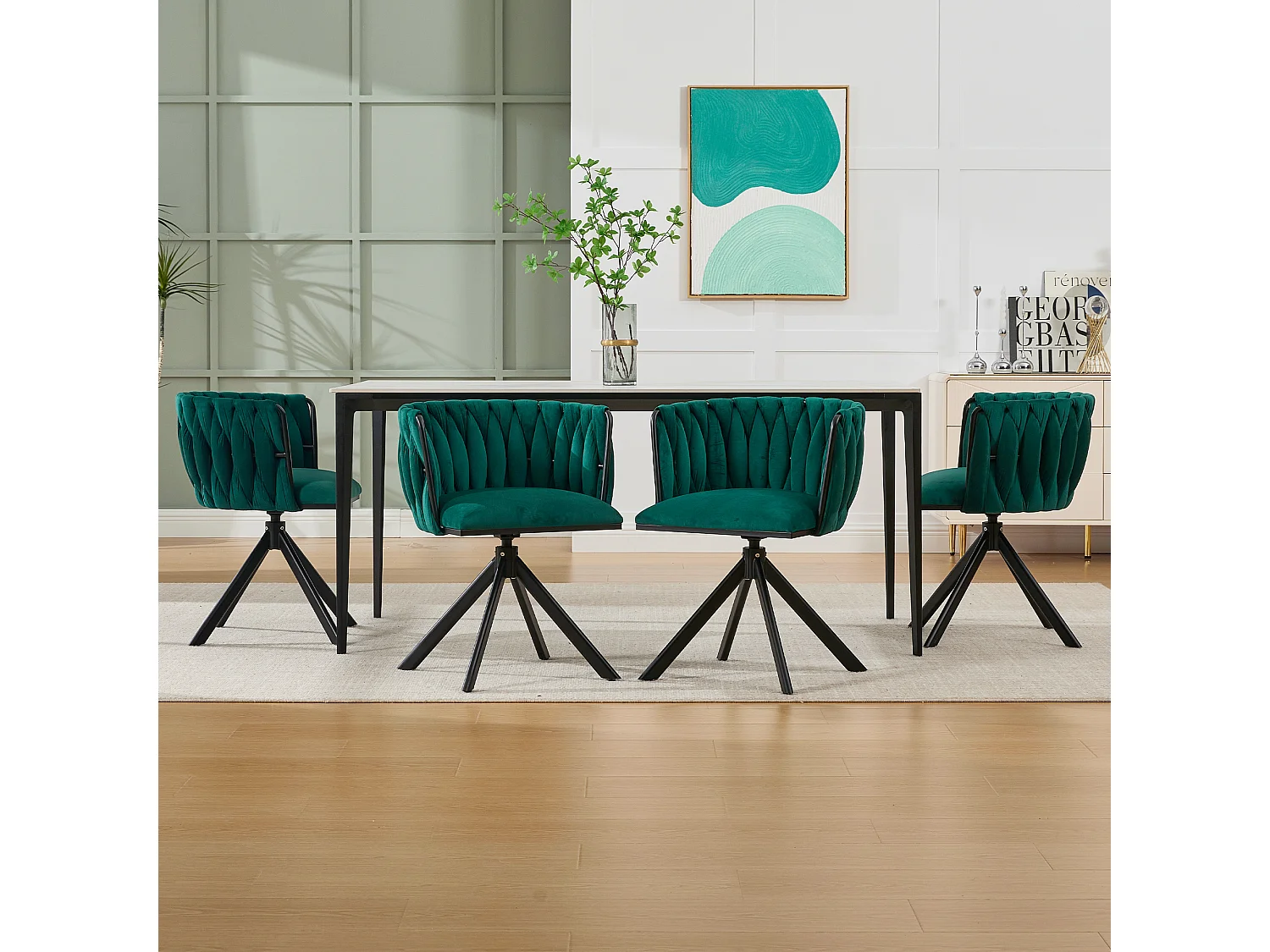 Lot de 2 chaises de salle à manger pivotantes à 180°, pour le salon, pied en métal noir, Velours vert émeraude