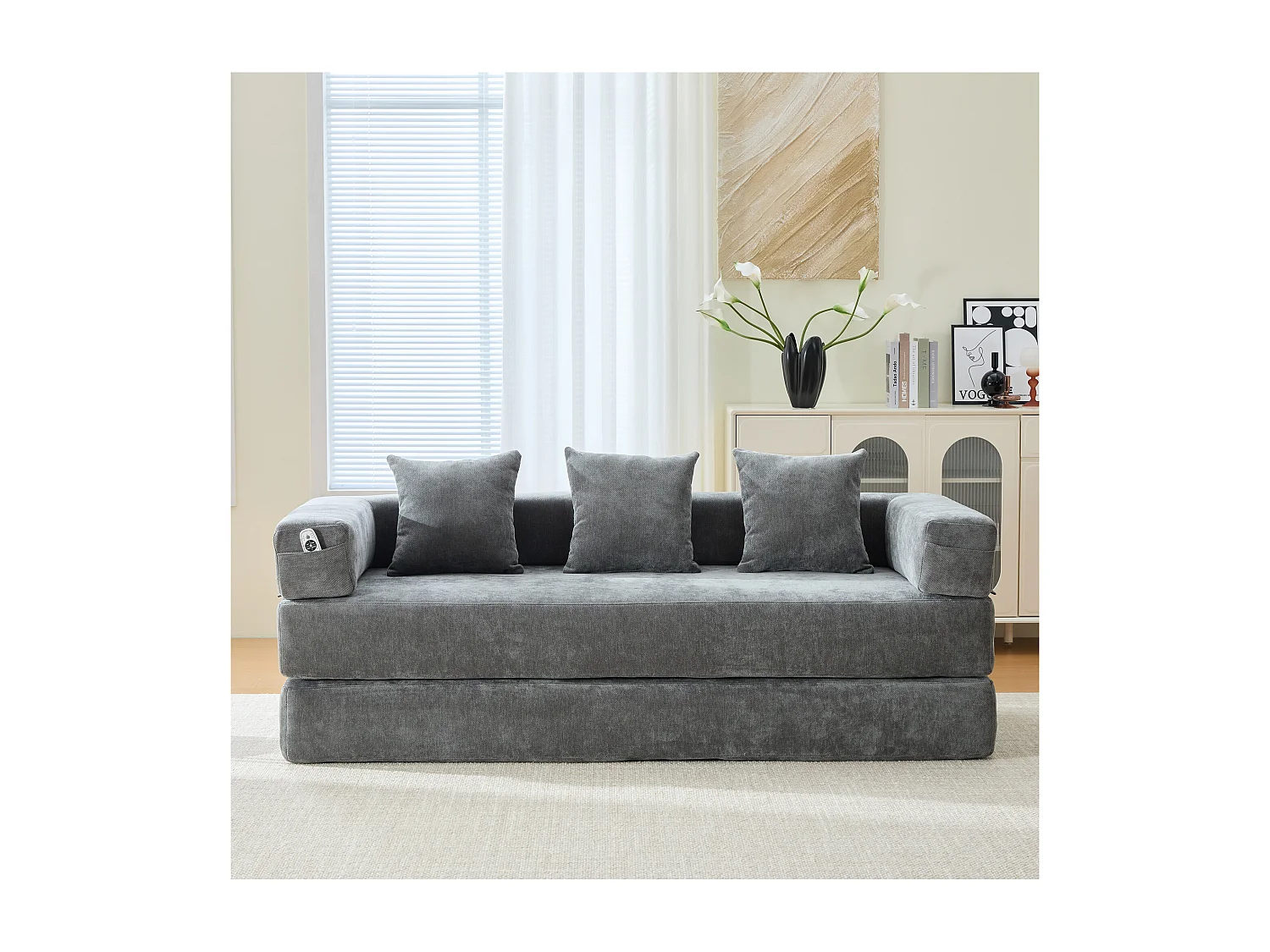Canapé 2 places moderne 198x79x60 cm, modulable à volonté, 2 poches, pour le salon, Chenille Gris foncé