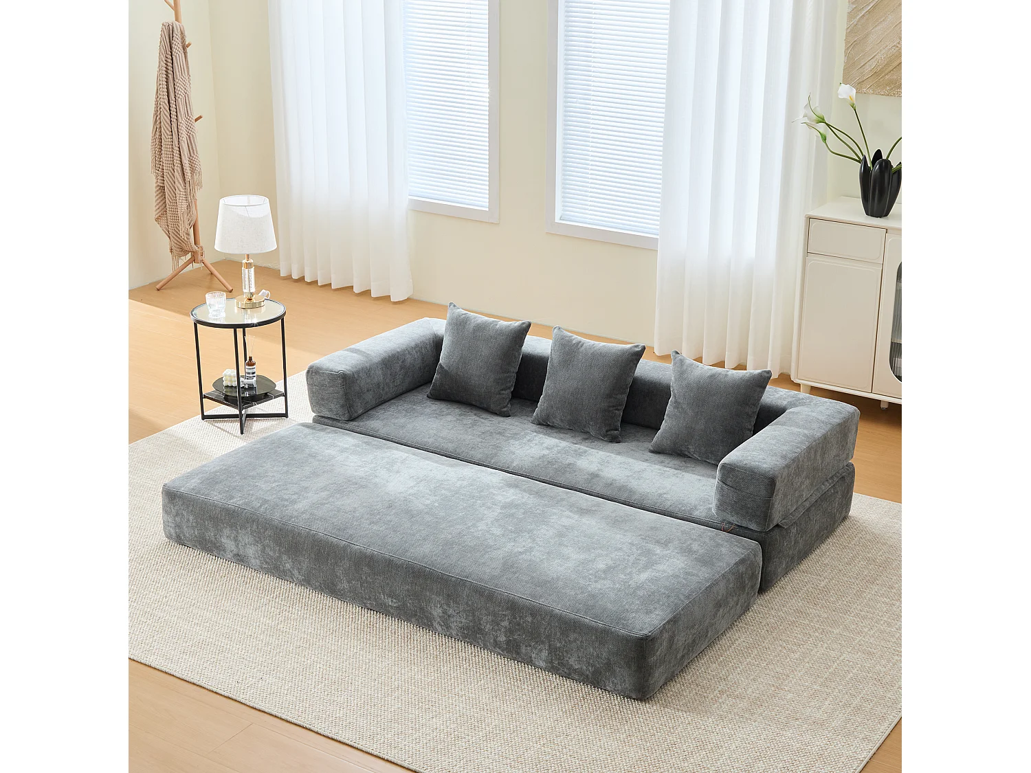 Canapé 2 places moderne 198x79x60 cm, modulable à volonté, 2 poches, pour le salon, Chenille Gris foncé