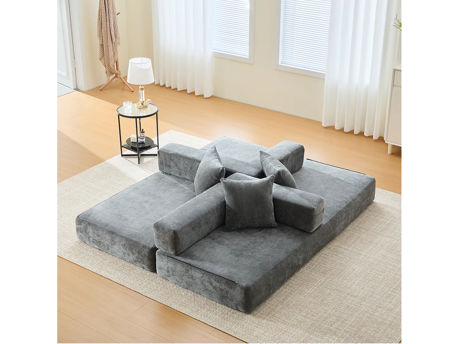 Canapé 2 places moderne 198x79x60 cm, modulable à volonté, 2 poches, pour le salon, Chenille Gris foncé