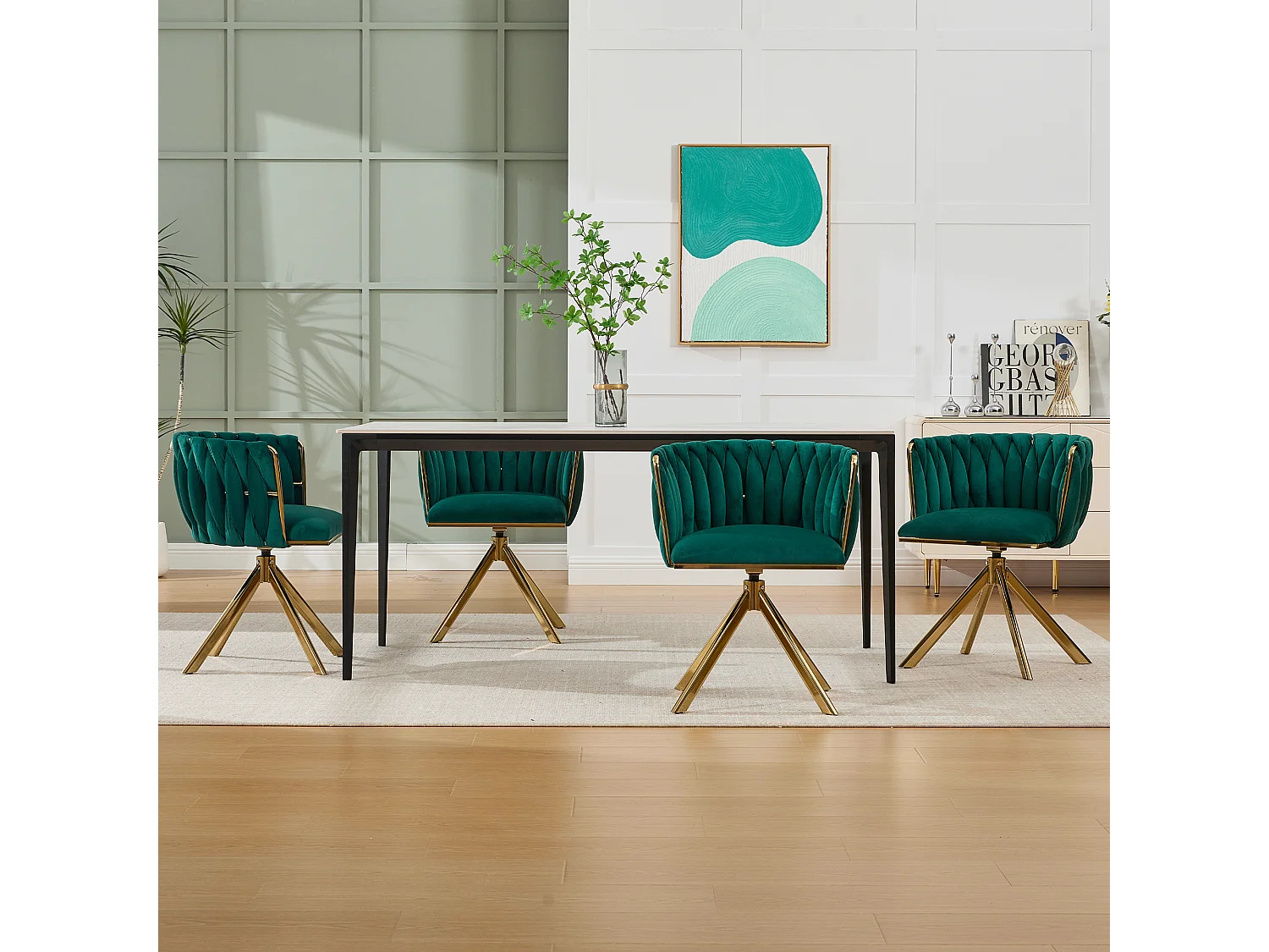 Lot de 2 chaises de salle à manger pivotantes à 180°, pour le salon, pied en métal doré, Velours vert émeraude