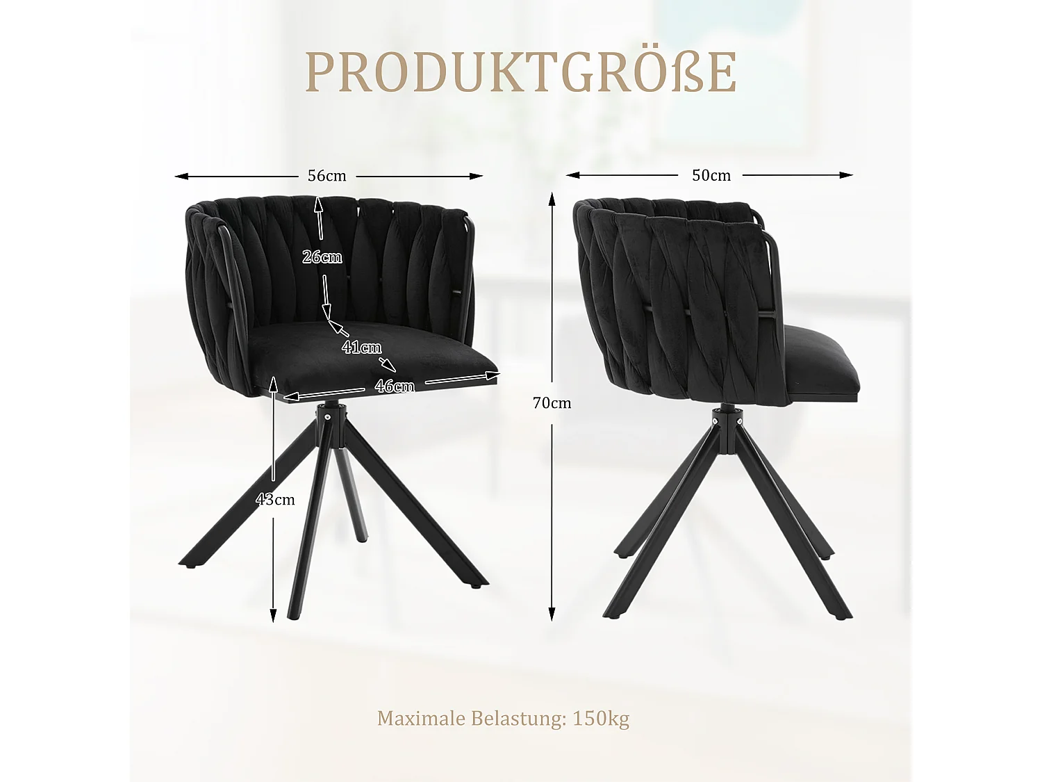Silla Giratoria 56x50x70 Cm 180° Terciopelo Con Pies Ajustables Y Estructura Metalica – Color Negro