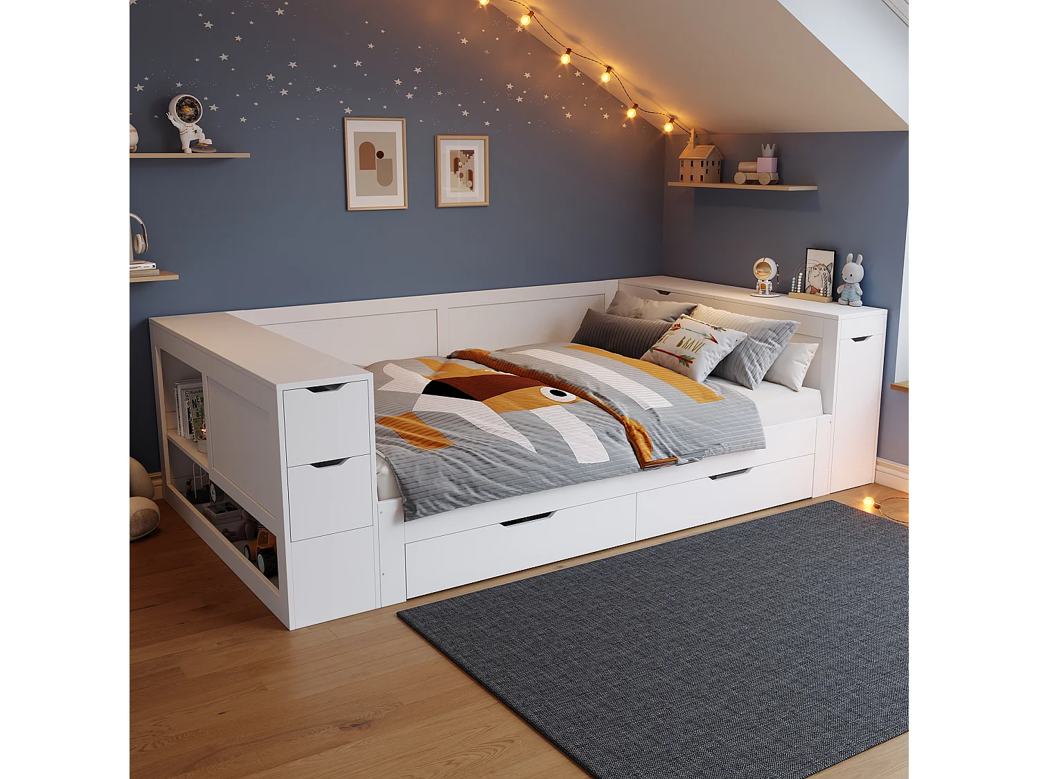 Lit combiné double 140 x 200 cm, tiroirs, chevets de rangement, pour adolescents, en MDF blanc, sans matelas