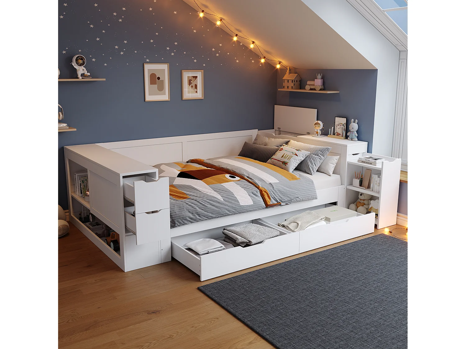 Lit combiné double 140 x 200 cm, tiroirs, chevets de rangement, pour adolescents, en MDF blanc, sans matelas