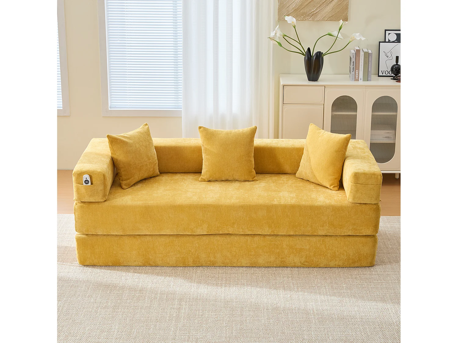 Canapé 2 places moderne 198x79x60 cm, modulable à volonté, 2 poches, pour le salon, Chenille Jaune moutarde