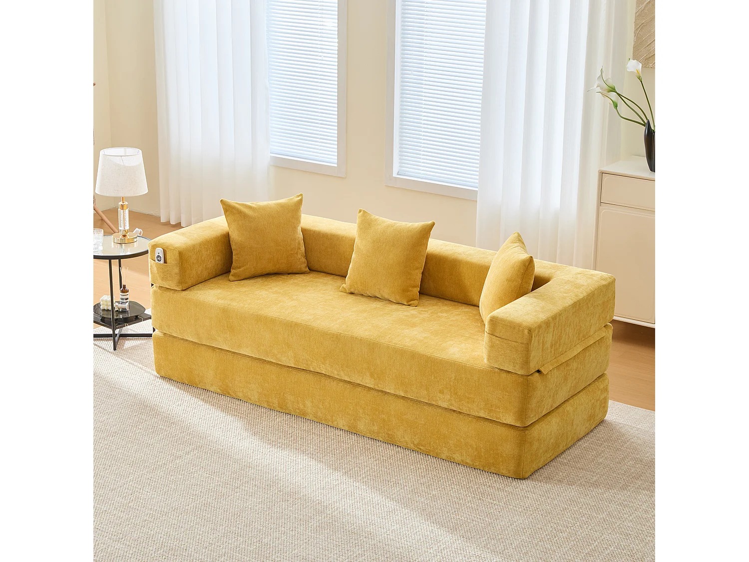 Canapé 2 places moderne 198x79x60 cm, modulable à volonté, 2 poches, pour le salon, Chenille Jaune moutarde