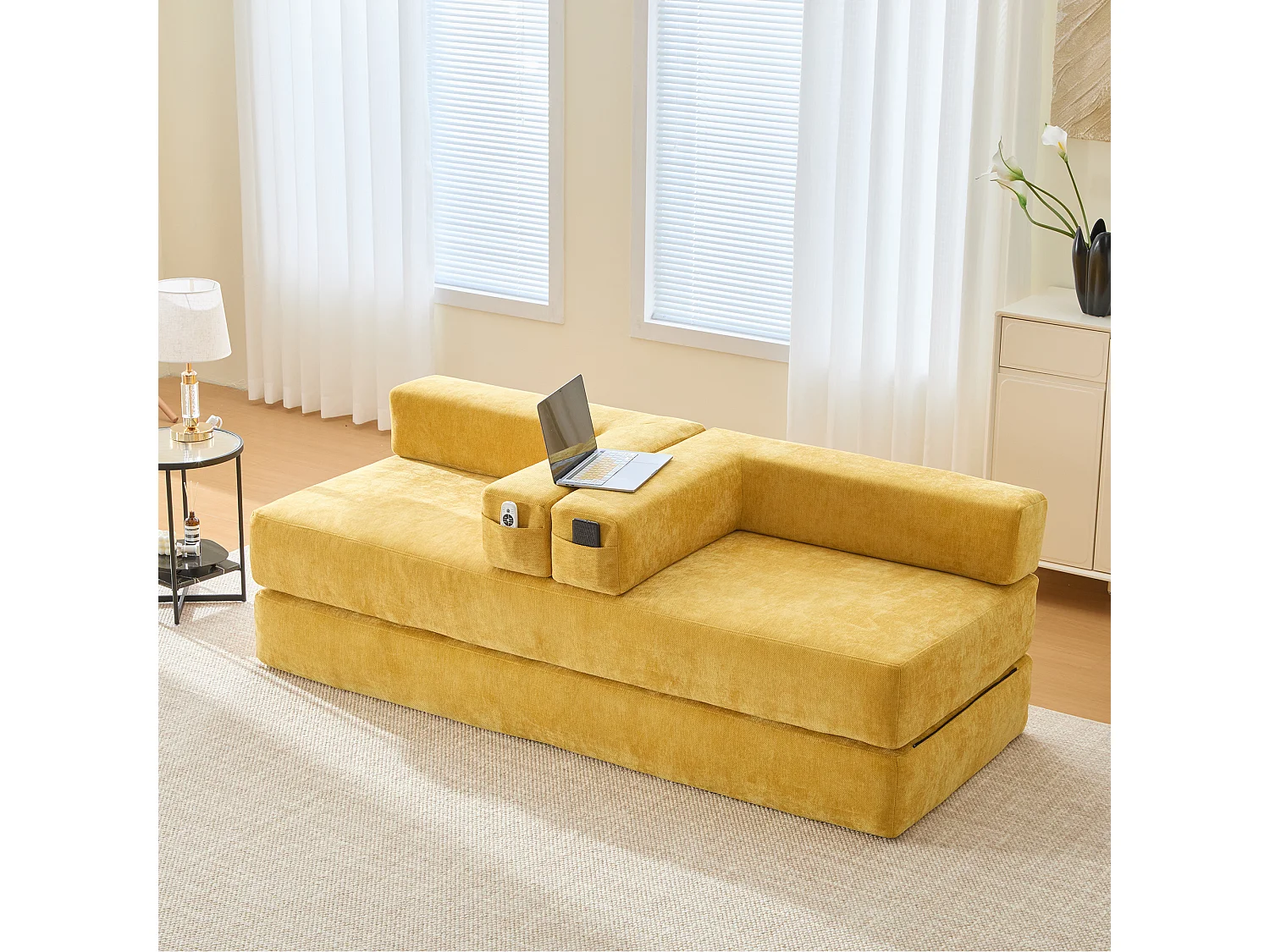 Canapé 2 places moderne 198x79x60 cm, modulable à volonté, 2 poches, pour le salon, Chenille Jaune moutarde