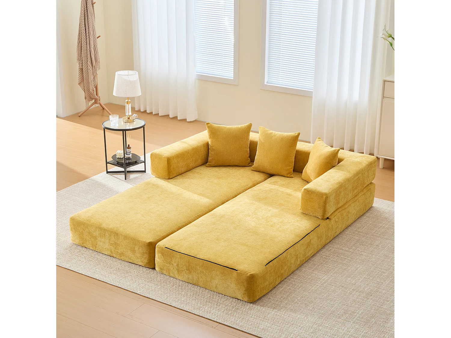 Canapé 2 places moderne 198x79x60 cm, modulable à volonté, 2 poches, pour le salon, Chenille Jaune moutarde