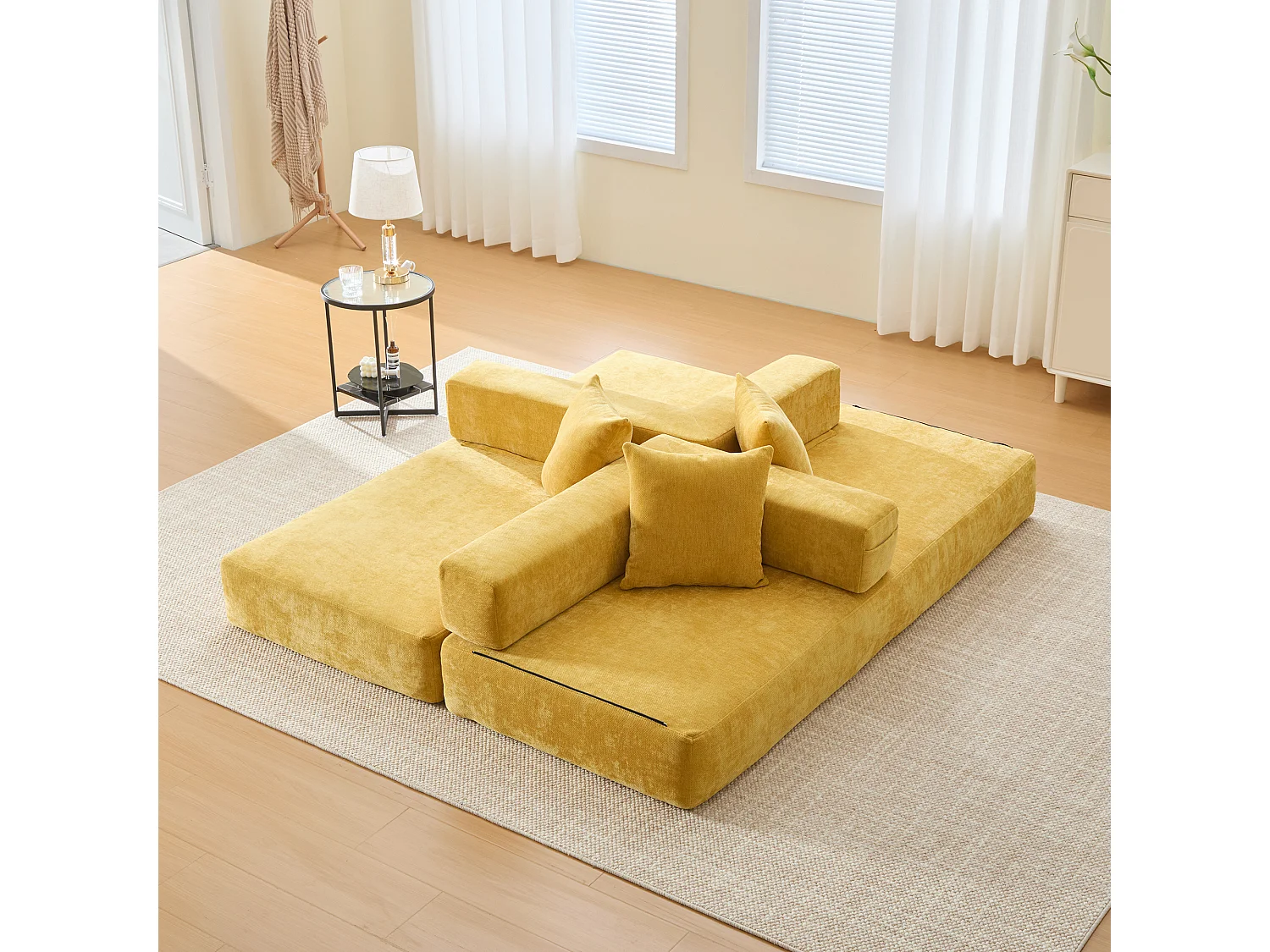 Canapé 2 places moderne 198x79x60 cm, modulable à volonté, 2 poches, pour le salon, Chenille Jaune moutarde