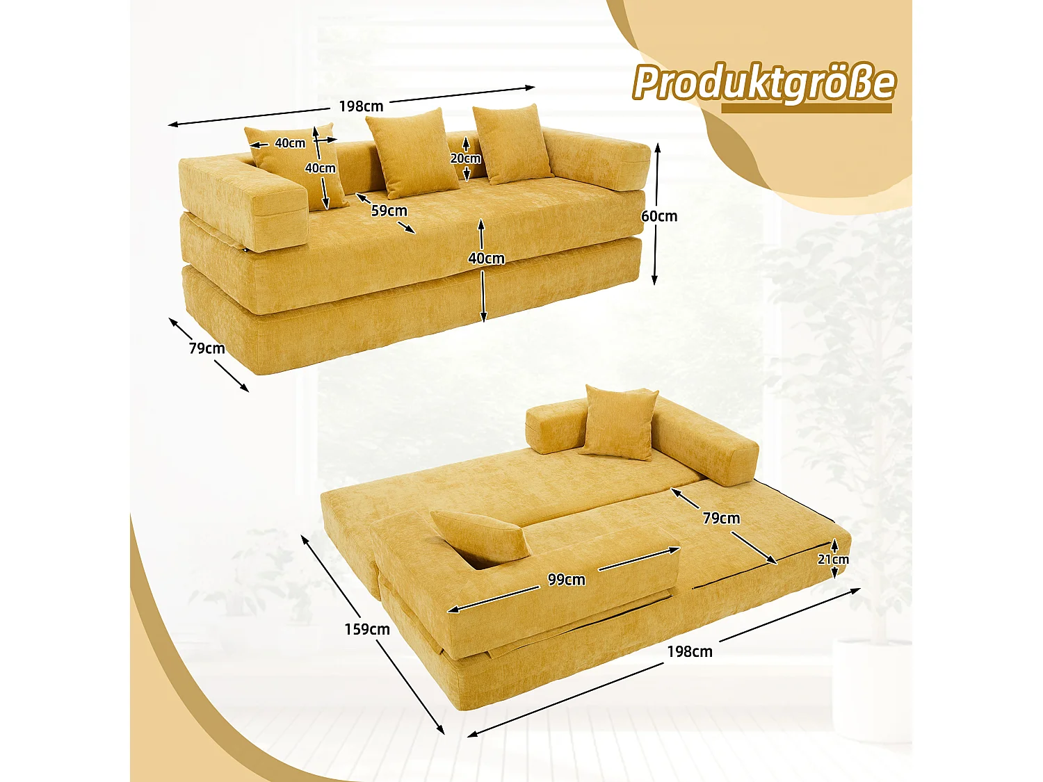 Canapé 2 places moderne 198x79x60 cm, modulable à volonté, 2 poches, pour le salon, Chenille Jaune moutarde