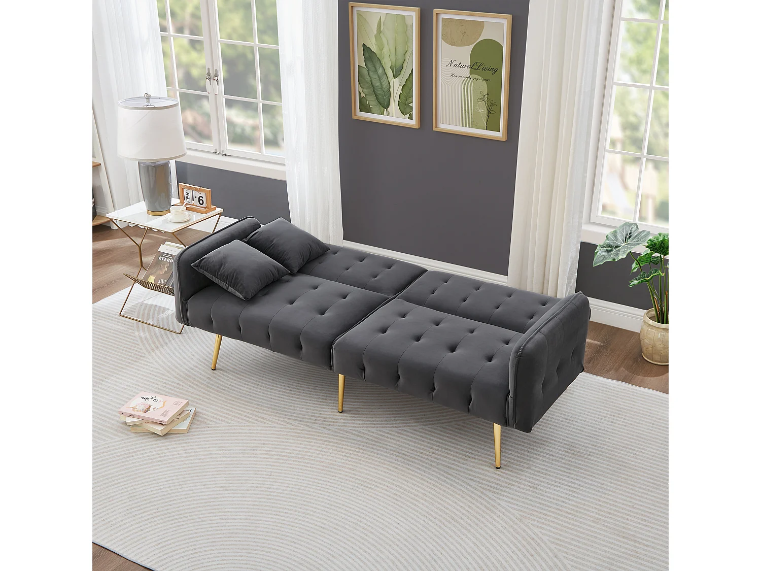 Sofá Cama 2 Plazas 215x81,5 Cm Respaldo Y Reposabrazos Ajustables Velours Con Patas Metálicas – Gris Antiguo