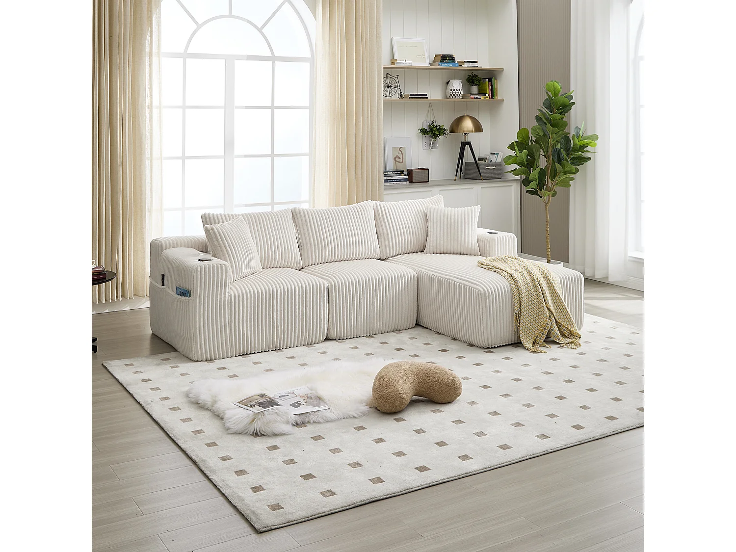 Canapé d'angle 3 places, 257 x 160 x 62, rangement, pour salon, appartement et studio, Corduroy beige