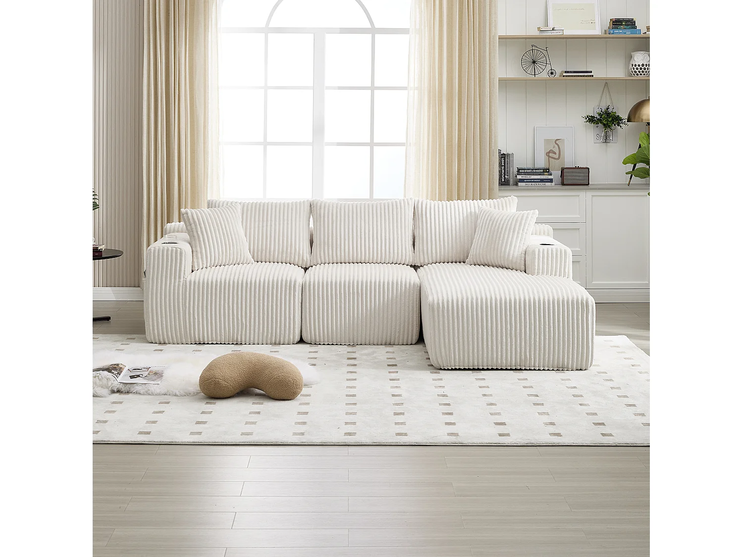 Canapé d'angle 3 places, 257 x 160 x 62, rangement, pour salon, appartement et studio, Corduroy beige