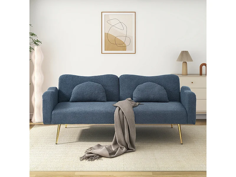 Canapé-lit 2 places, 175 x 79 x 82, clic clac, dossier réglable, design moderne, Tissu de Sherpa bleu-gris