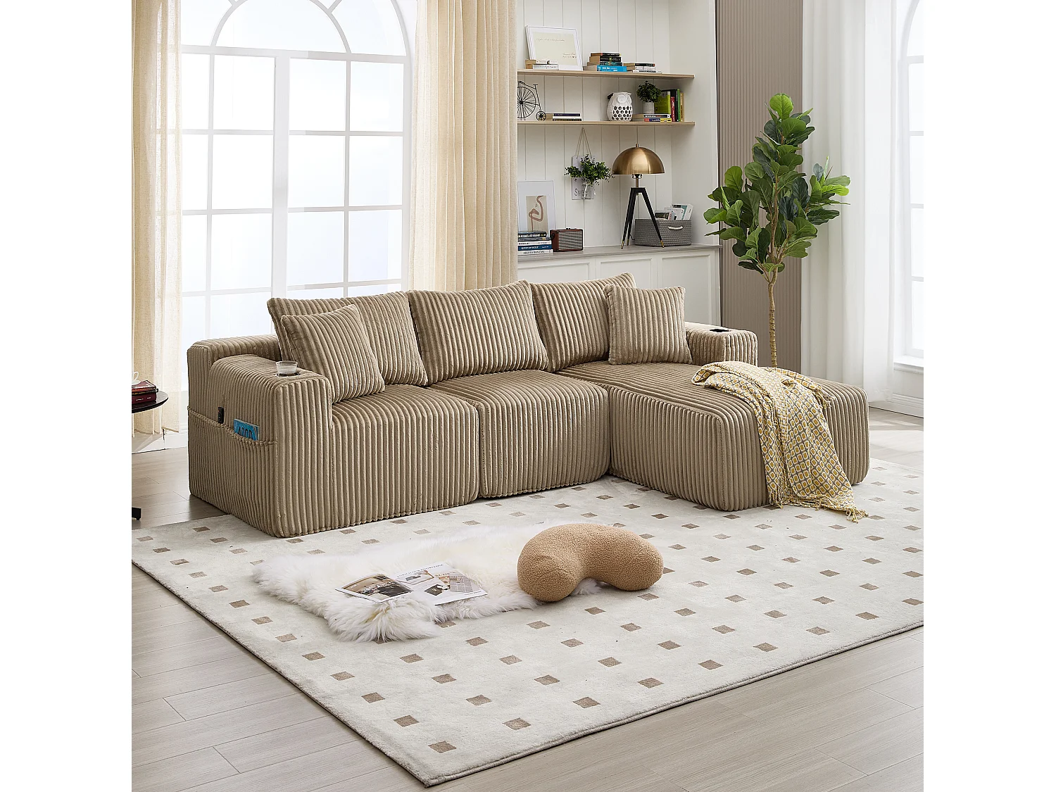 Hoekbank – 2-Zits Met Chaiselongue Modulair – Met Zijvakken, Drinkhouder & 5 Kussens – Hoogdicht Schuim Voor Langdurig Zitcomfort – Ribfluweel – Khaki