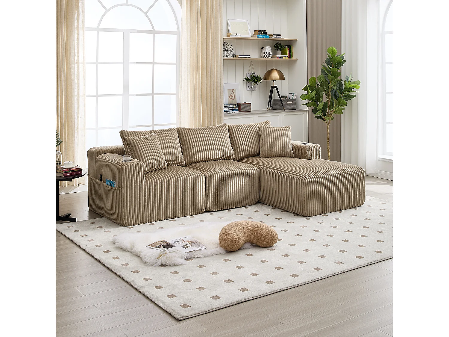 Hoekbank – 2-Zits Met Chaiselongue Modulair – Met Zijvakken, Drinkhouder & 5 Kussens – Hoogdicht Schuim Voor Langdurig Zitcomfort – Ribfluweel – Khaki