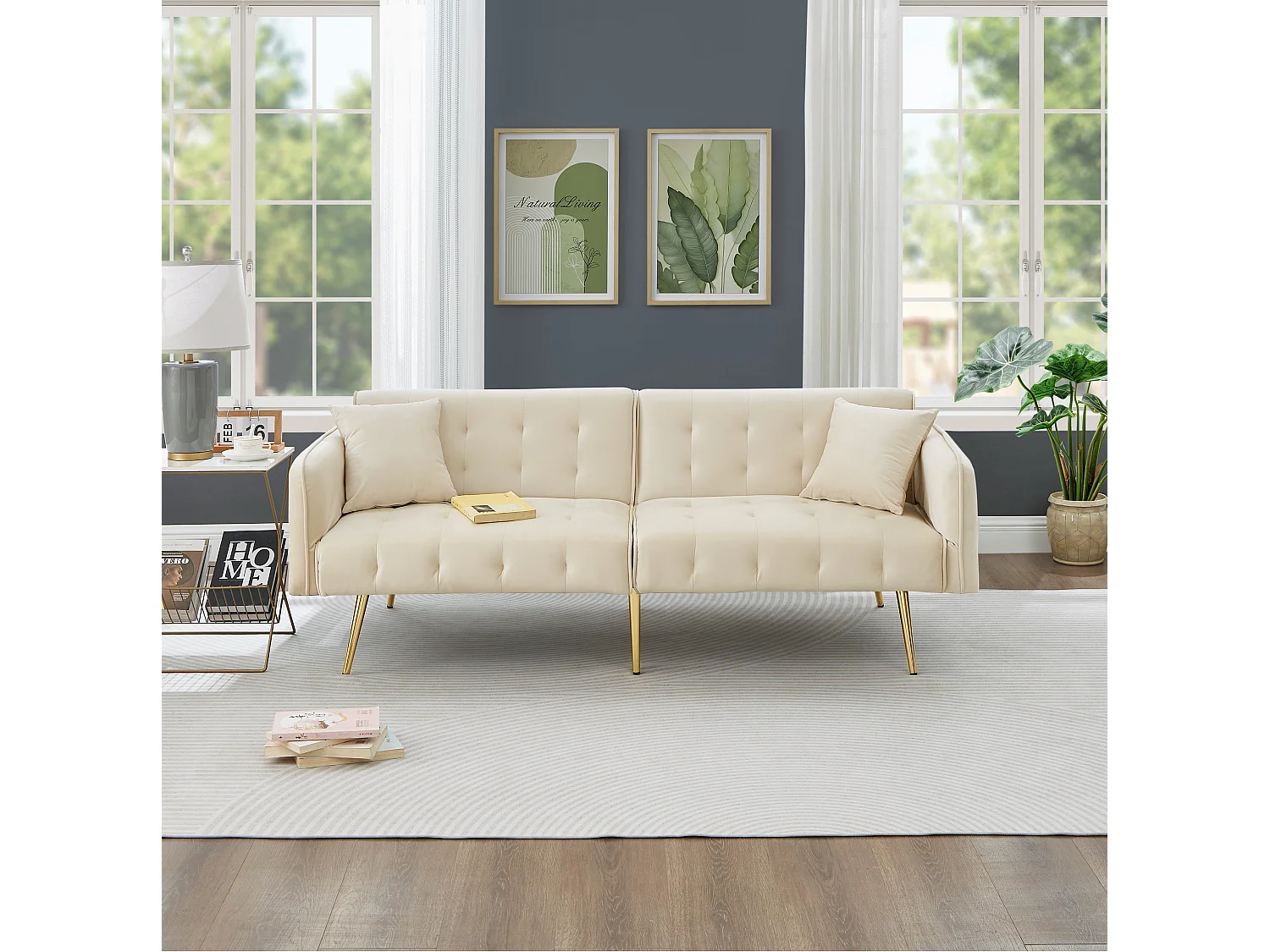 Slaapbank – 2-Zits Met Omklapbare Rugleuningen Tot 215×81,5 cm – Verstelbare Armleuningen – Fluweel – Beige Met Comfortkussen