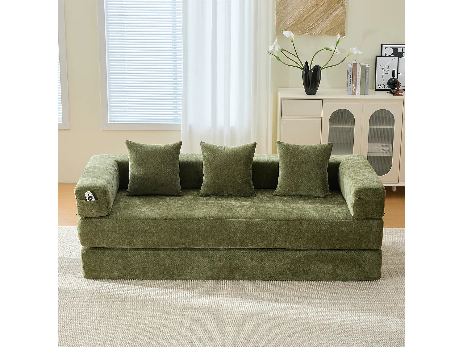 Canapé 2 places moderne 198x79x60 cm, modulable à volonté, 2 poches, rangement, pour le salon, Chenille vert