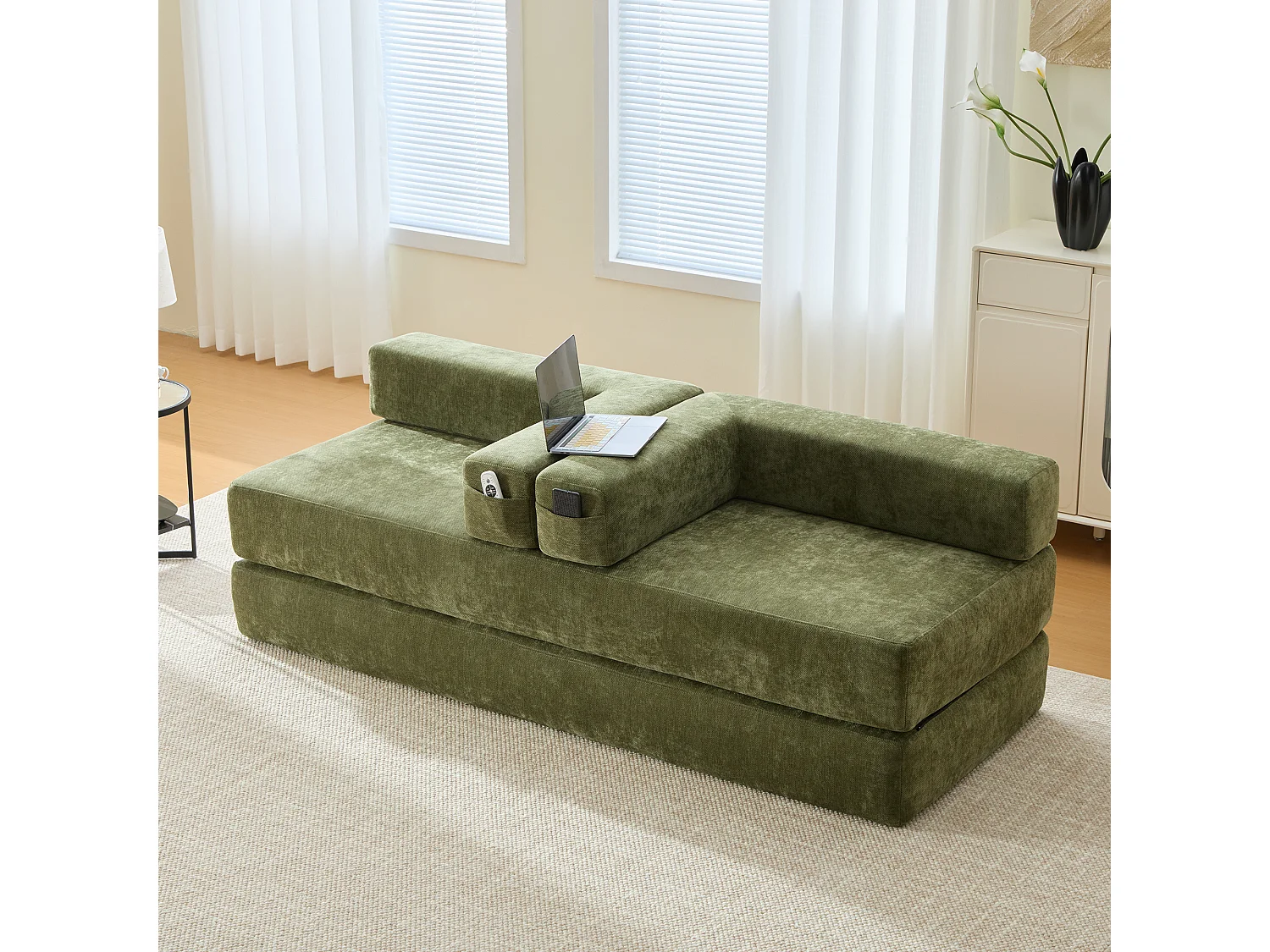 Canapé 2 places moderne 198x79x60 cm, modulable à volonté, 2 poches, rangement, pour le salon, Chenille vert