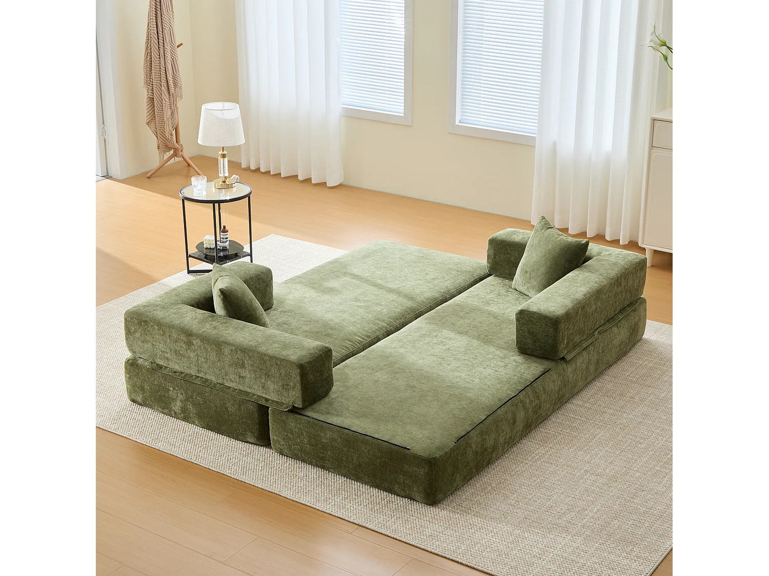Canapé 2 places moderne 198x79x60 cm, modulable à volonté, 2 poches, rangement, pour le salon, Chenille vert