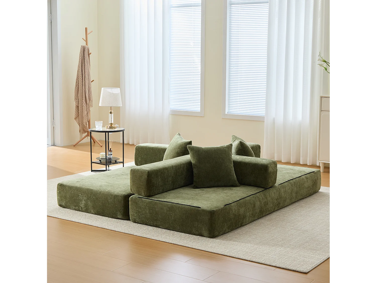 Canapé 2 places moderne 198x79x60 cm, modulable à volonté, 2 poches, rangement, pour le salon, Chenille vert