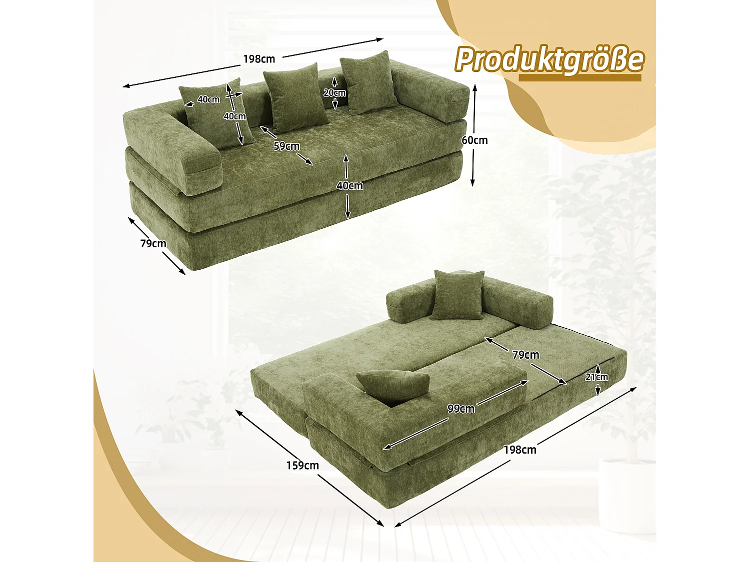 Canapé 2 places moderne 198x79x60 cm, modulable à volonté, 2 poches, rangement, pour le salon, Chenille vert