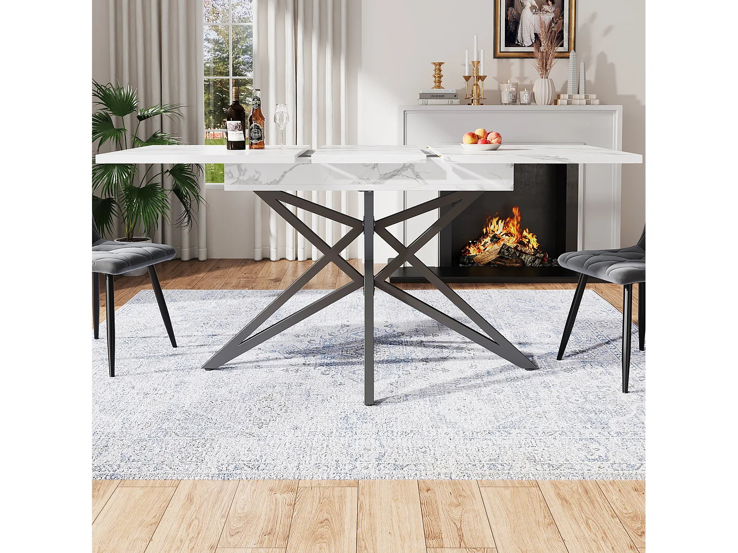 Eettafel Uitschuifbaar - Marmerlook Tafelblad - Stervormige Metalen Poten - Voor Eetkamer En Keuken - Wit - 120 160x80x66,1 Cm