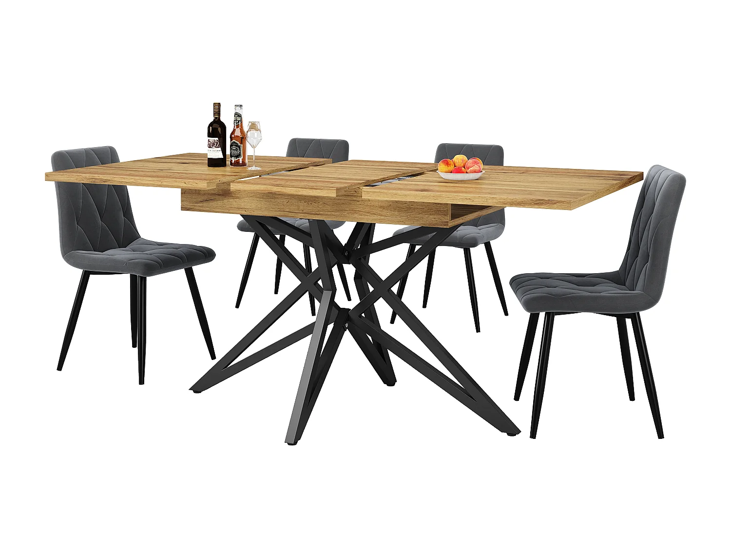 Table à manger extensible 120-160x80x66 cm,6 à 8 personnes, motif noyer, MDF et fer, noir et couleur noyer