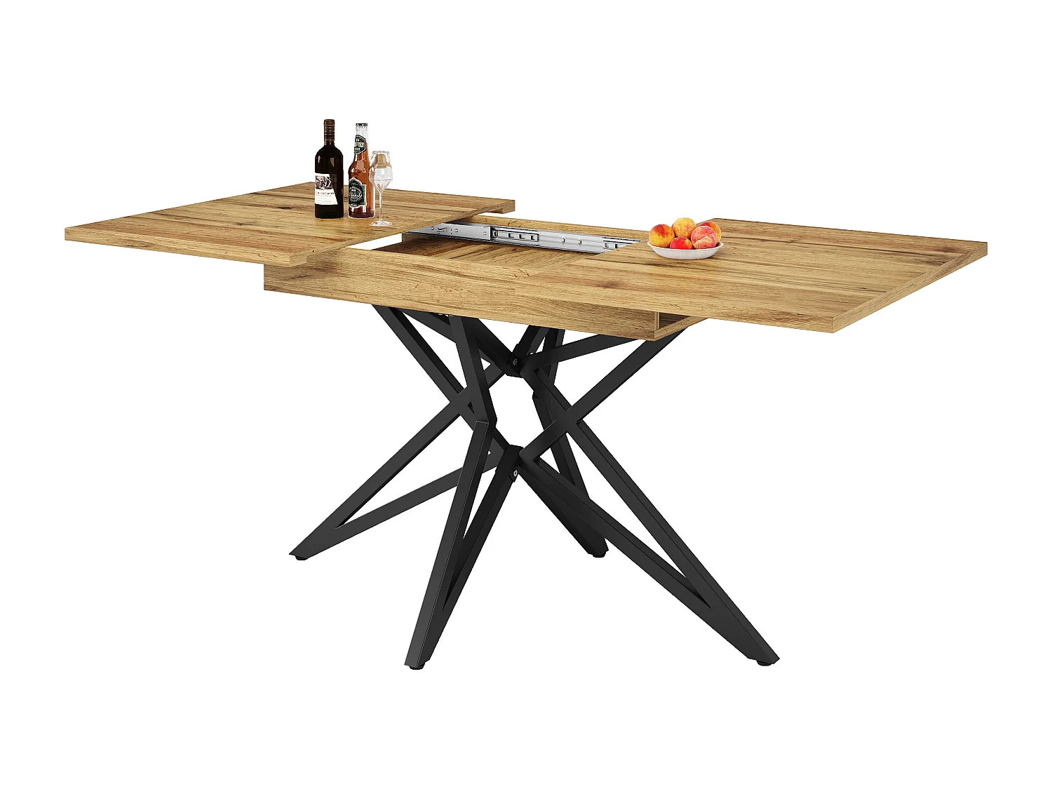 Table à manger extensible 120-160x80x66 cm,6 à 8 personnes, motif noyer, MDF et fer, noir et couleur noyer