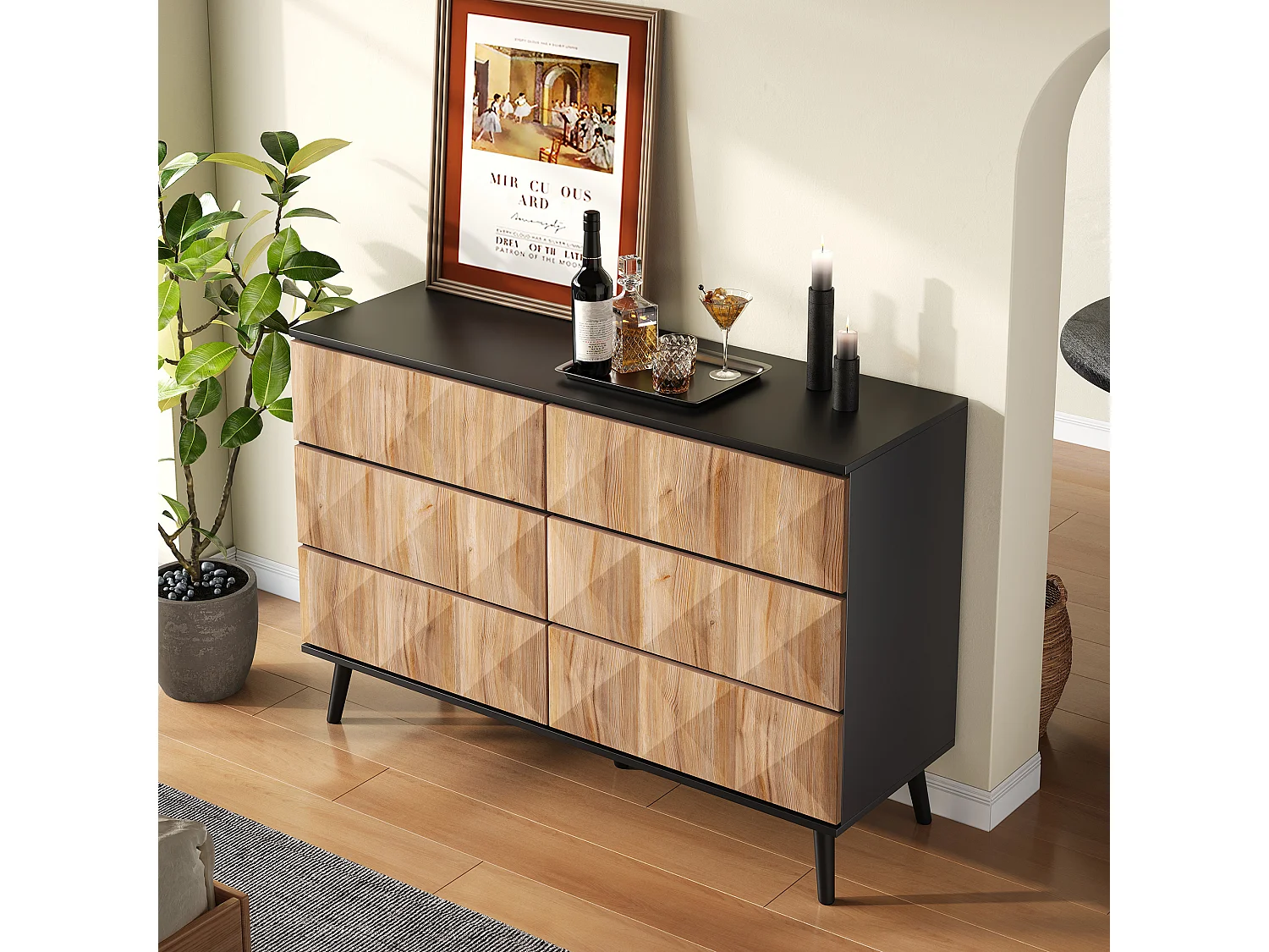 Commode ​​moderne à six tiroirs, 120x40x85 cm, rangement, en panneau de particules et MDF, black et natural