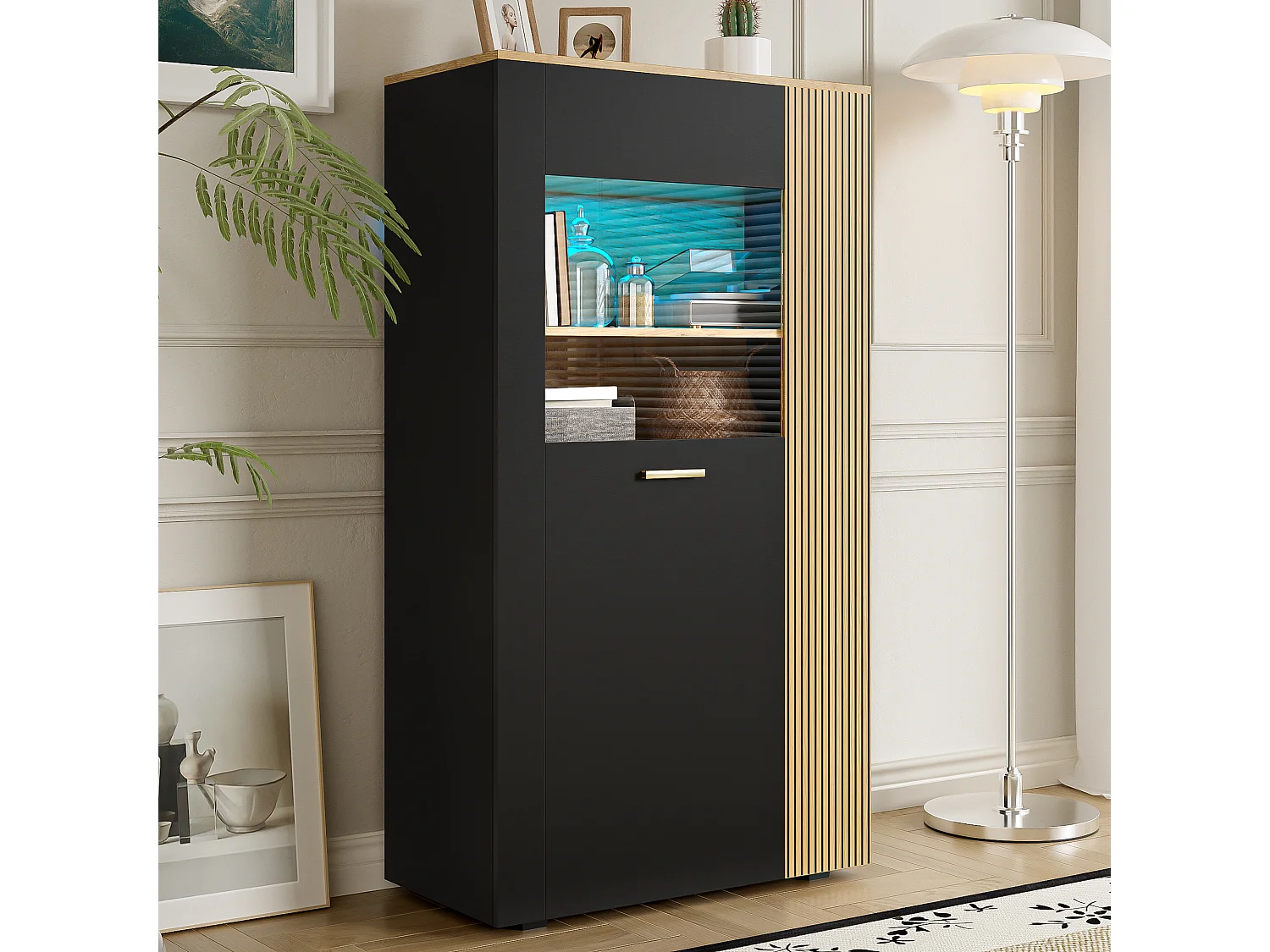 Dressoir - Opbergkast Met 16-Kleur LED - 3 Vaste En 2 Verstelbare Planken - Kabelmanagement - Glasdeur - Spaanplaat Zwart+Lichtbruin - 80×40×146 cm