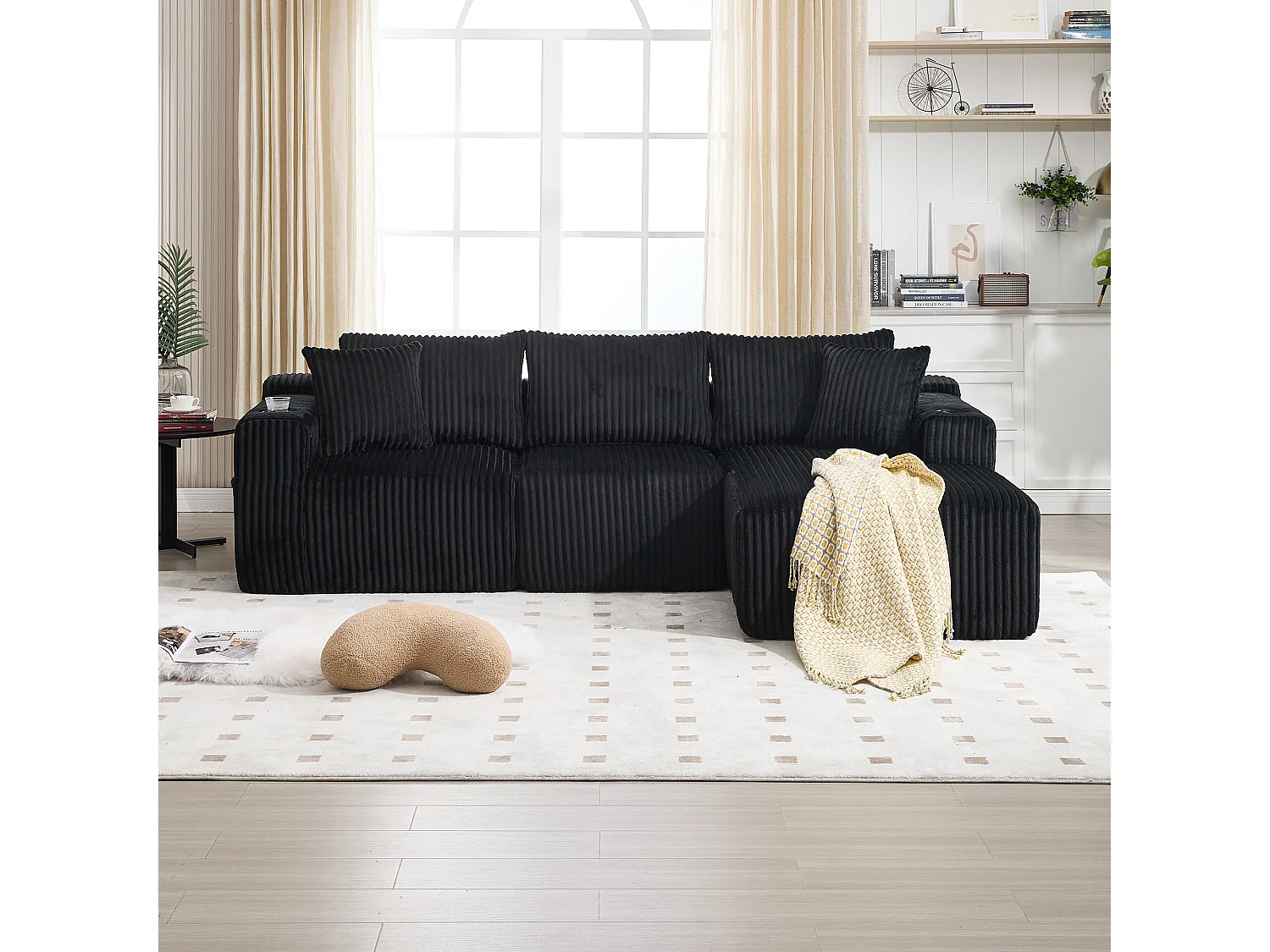 Modulaire Bank - Chaiselongue + 2-Zits, Flexibele Zelfsamenstelling - Met 5 Kussens, Zijvakken & Bekerhouders - Hoogdicht Schuim - Fluweel Zwart