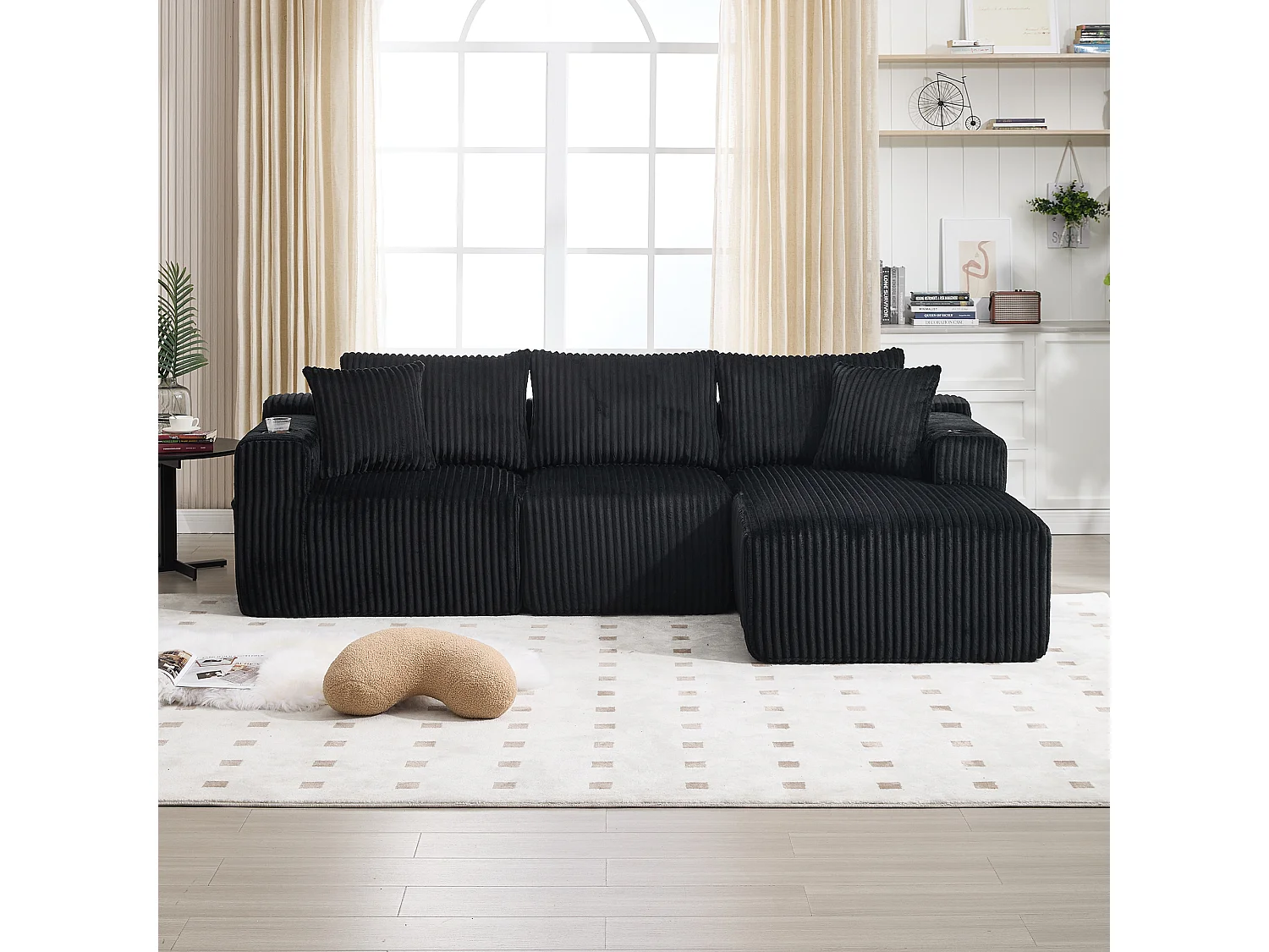 Modulaire Bank - Chaiselongue + 2-Zits, Flexibele Zelfsamenstelling - Met 5 Kussens, Zijvakken & Bekerhouders - Hoogdicht Schuim - Fluweel Zwart