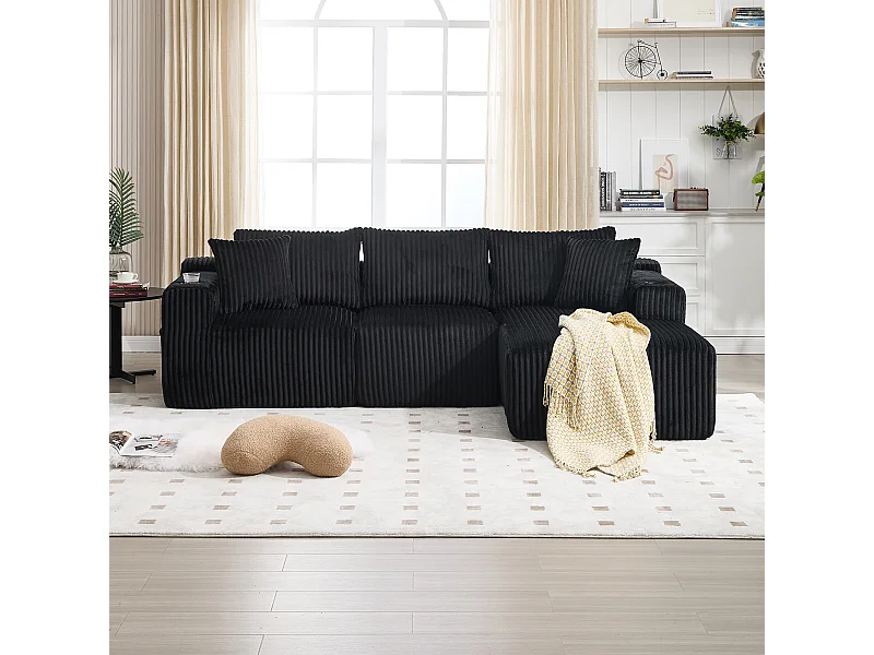 Modulaire Bank - Chaiselongue + 2-Zits, Flexibele Zelfsamenstelling - Met 5 Kussens, Zijvakken & Bekerhouders - Hoogdicht Schuim - Fluweel Zwart