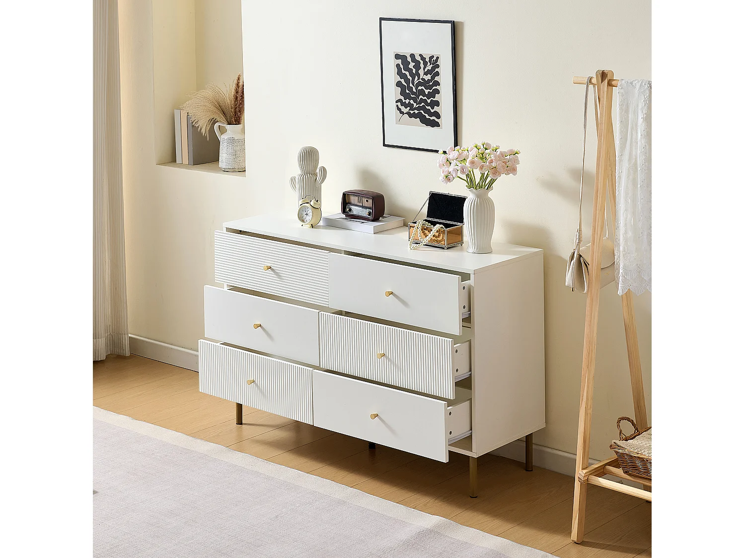 Commode moderne à 6 tiroirs 120×40×78 cm, rangement, pieds en acier, idéal pour la chambre,  en MDF blanc