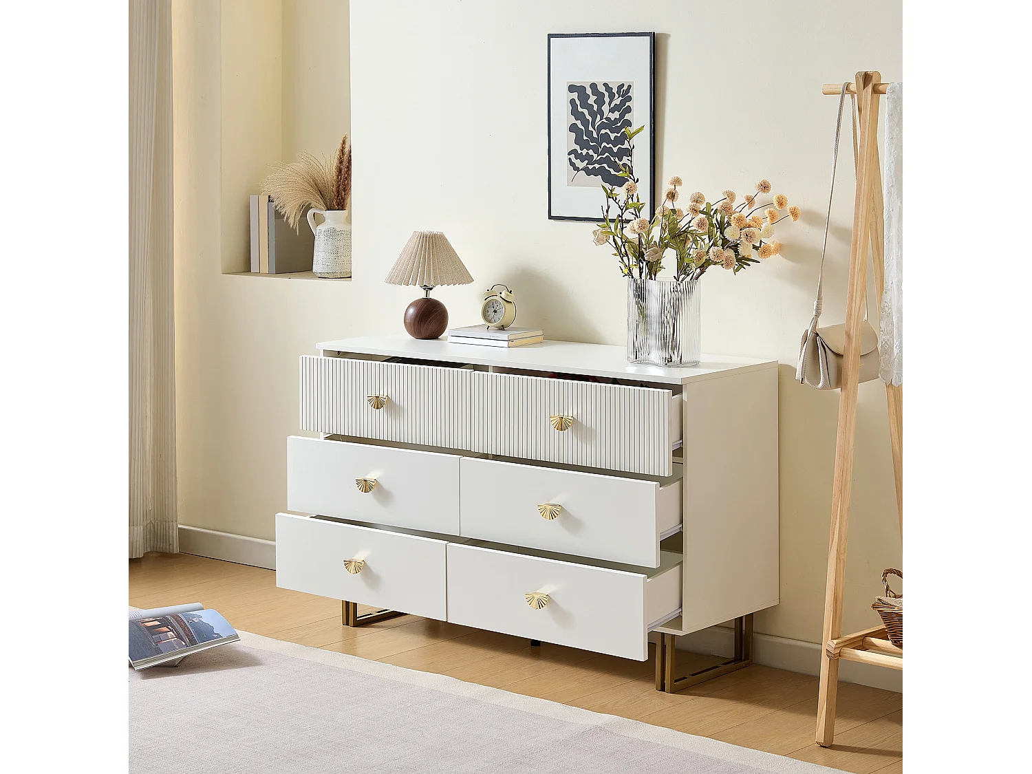 Commode moderne à 6 tiroirs 80x36x90 cm, pieds en acier, idéal pour les salons, rangement, en MDF blanc