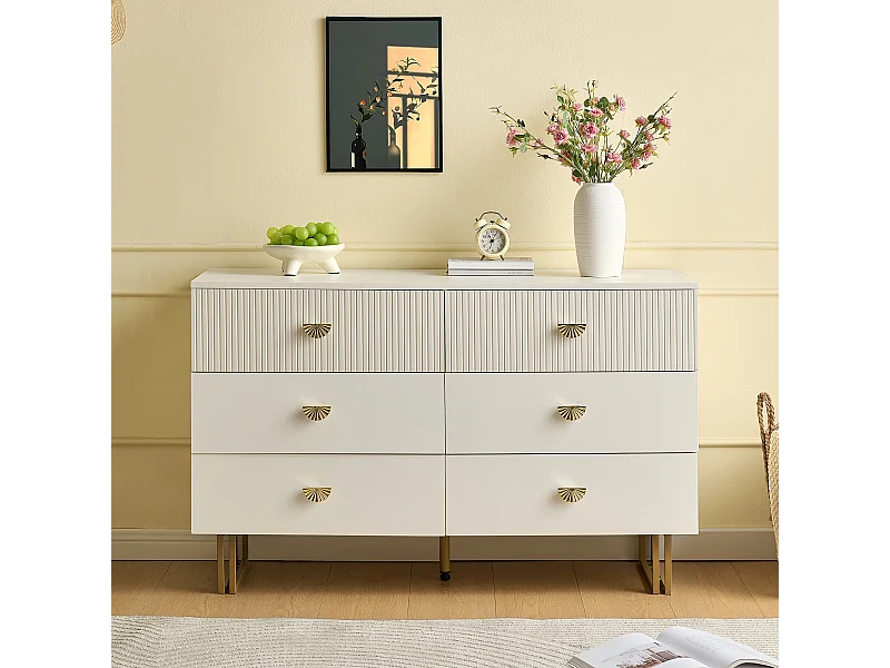 Commode moderne à 6 tiroirs 80x36x90 cm, pieds en acier, idéal pour les salons, rangement, en MDF blanc