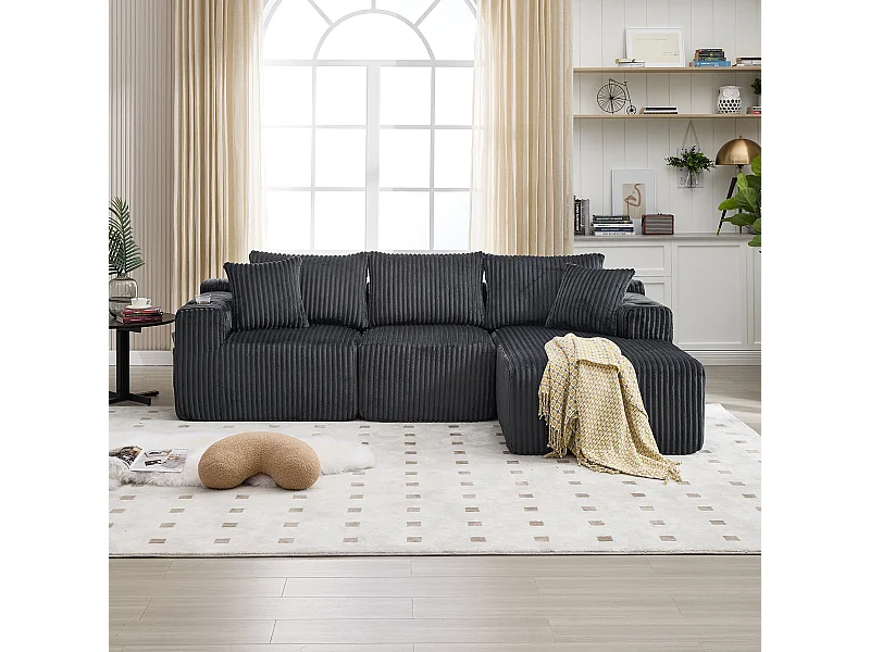 Canapé d'angle 3 places, 257 x 160 x 62, rangement, pour salon, appartement et studio, Corduroy gris