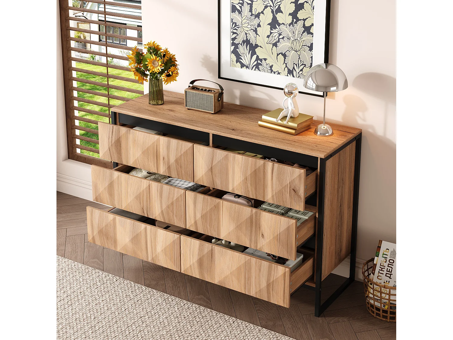 Commode moderne à 6 tiroirs, 120x40x80 cm, pieds en métal, en panneau de particules + MDF, naturel + noir