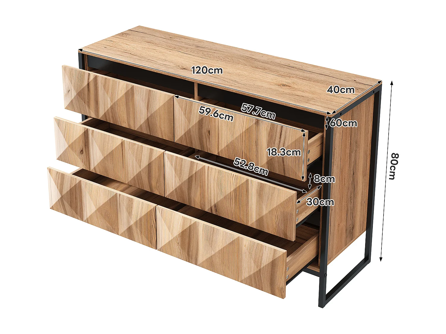 Commode moderne à 6 tiroirs, 120x40x80 cm, pieds en métal, en panneau de particules + MDF, naturel + noir