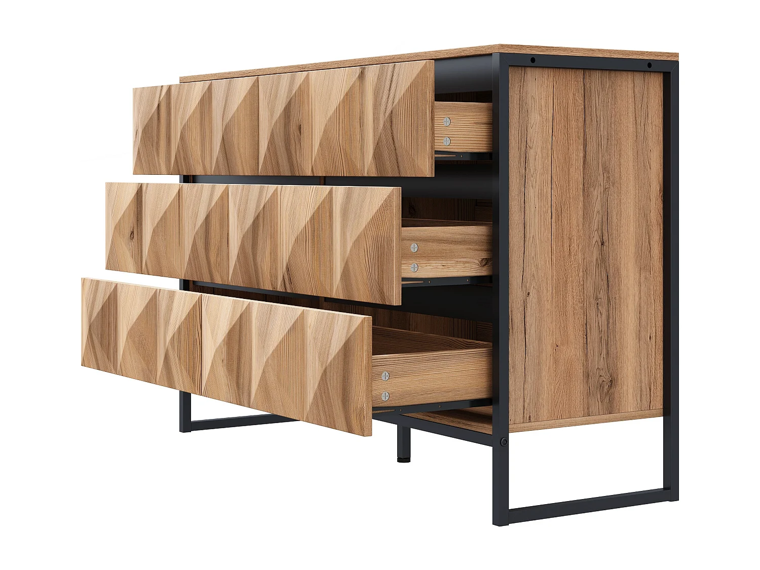 Commode moderne à 6 tiroirs, 120x40x80 cm, pieds en métal, en panneau de particules + MDF, naturel + noir