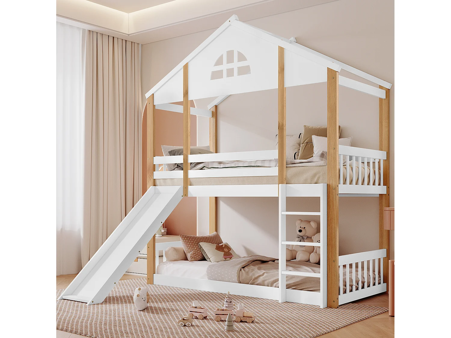 Stapelbed 90x200 cm – Met Trap En Glijbaan – Met Raamdetails En Valbeveiliging – Met Lattenbodem – Zonder matras – Massief Hout – Wit Naturel