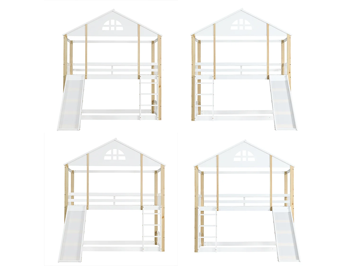 Stapelbed 90x200 cm – Met Trap En Glijbaan – Met Raamdetails En Valbeveiliging – Met Lattenbodem – Zonder matras – Massief Hout – Wit Naturel