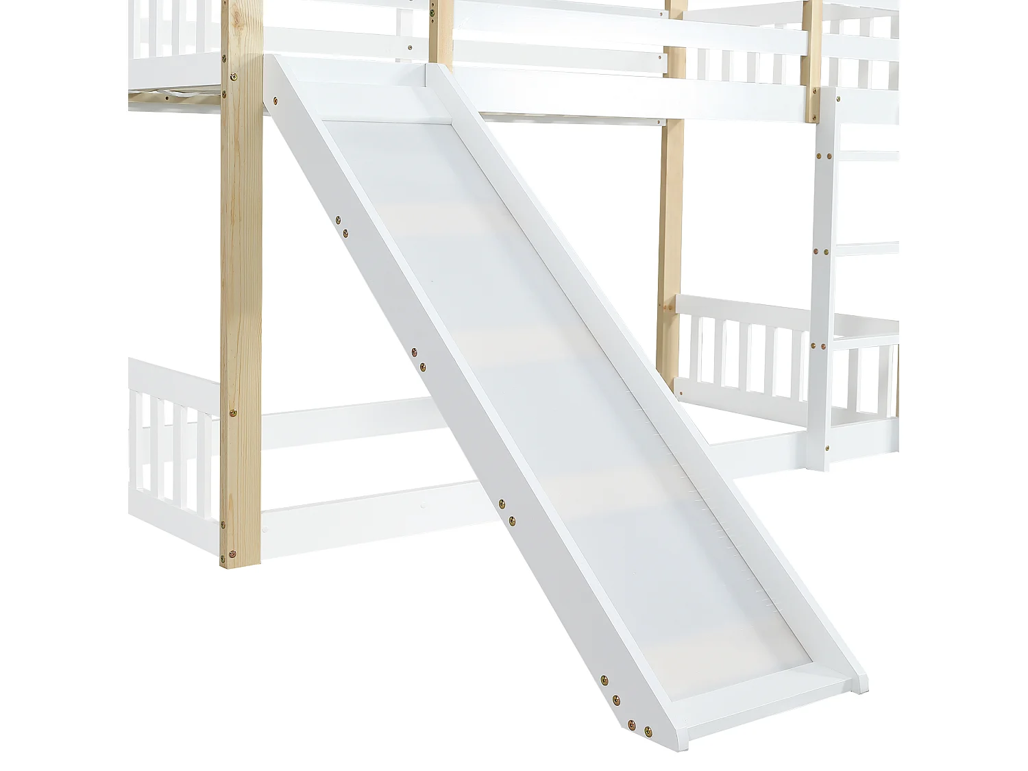 Stapelbed 90x200 cm – Met Trap En Glijbaan – Met Raamdetails En Valbeveiliging – Met Lattenbodem – Zonder matras – Massief Hout – Wit Naturel