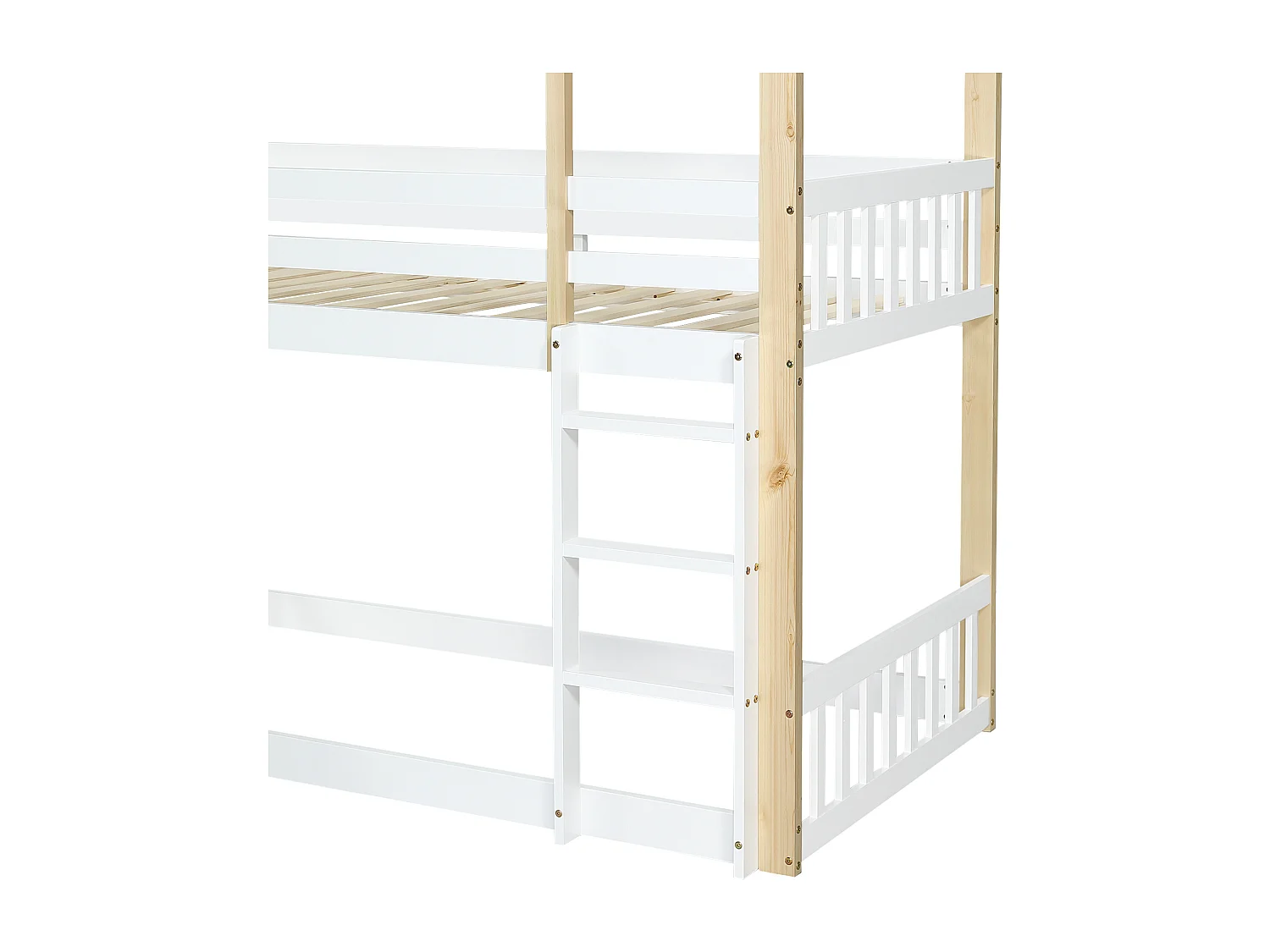 Stapelbed 90x200 cm – Met Trap En Glijbaan – Met Raamdetails En Valbeveiliging – Met Lattenbodem – Zonder matras – Massief Hout – Wit Naturel