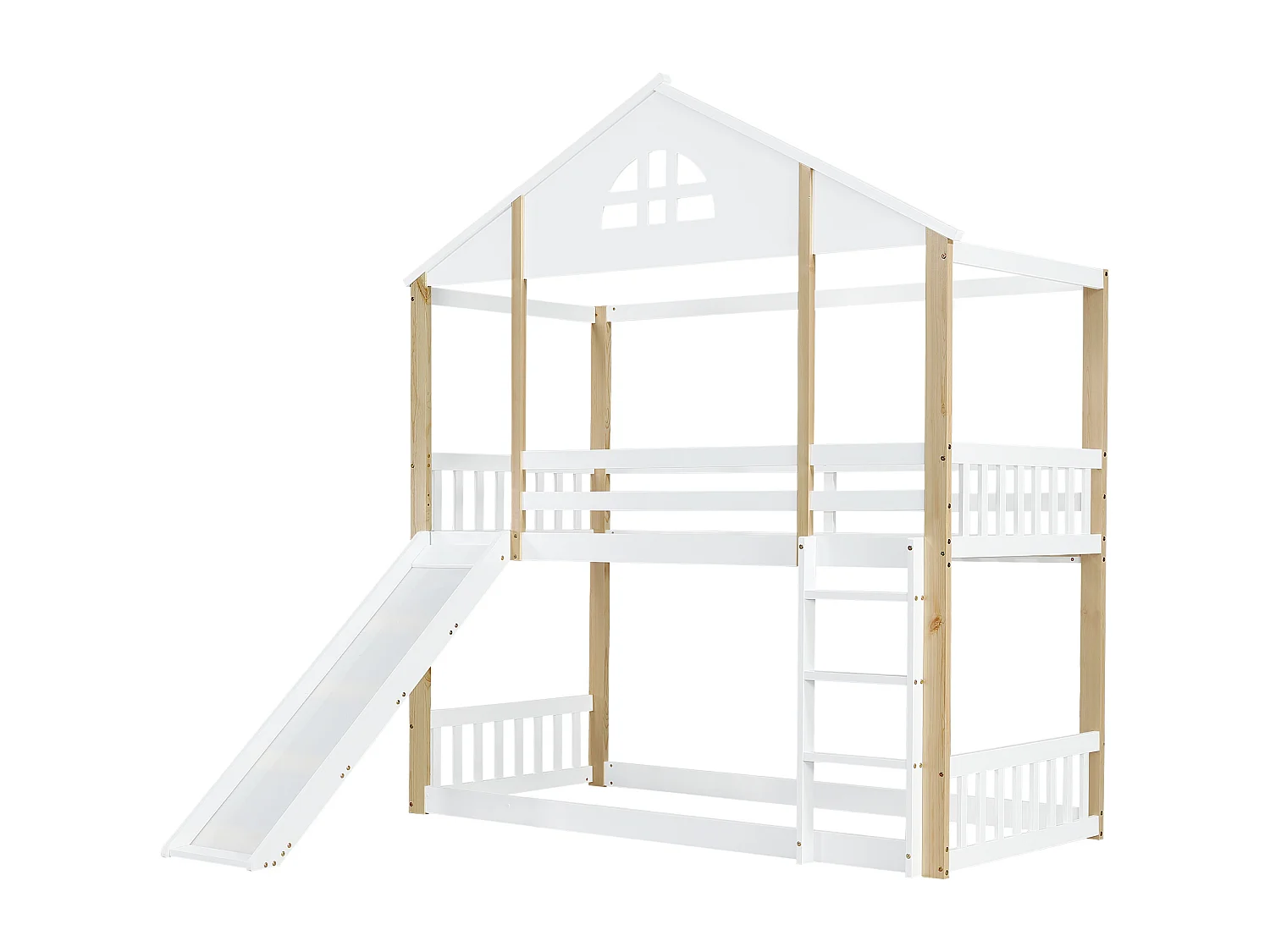 Stapelbed 90x200 cm – Met Trap En Glijbaan – Met Raamdetails En Valbeveiliging – Met Lattenbodem – Zonder matras – Massief Hout – Wit Naturel