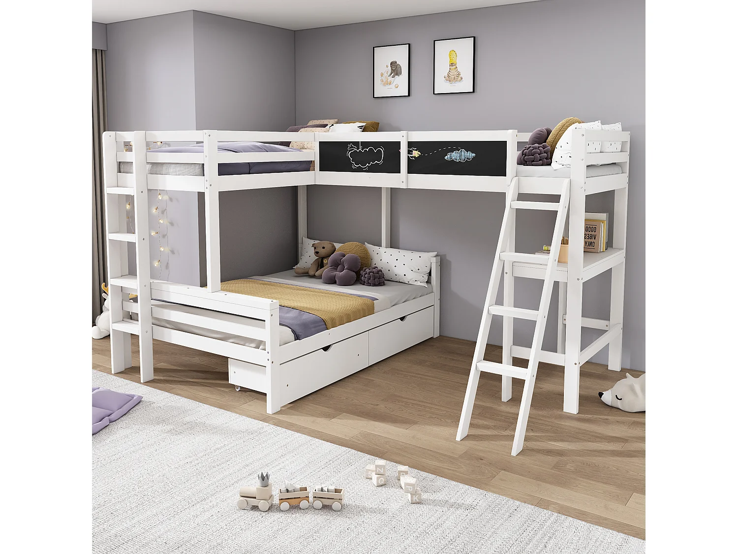Lit superposé 140/90x200 cm avec 2 tiroirs, bureau, échelle, tableau noir, bois blanc, sans matelas