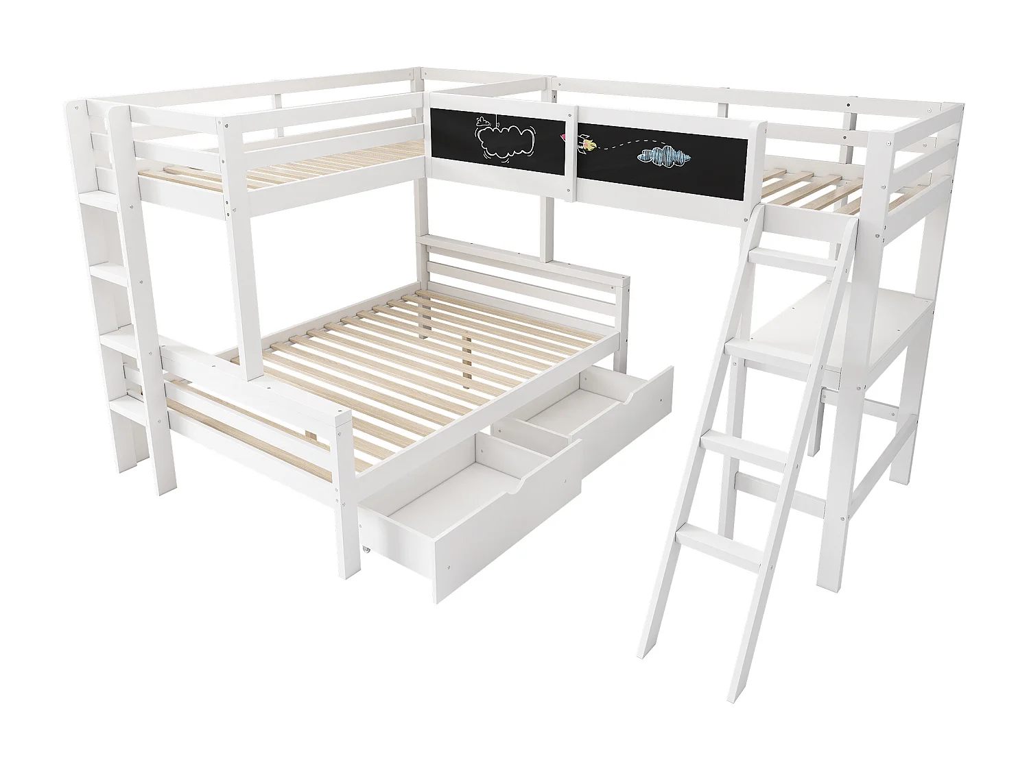 Lit superposé 140/90x200 cm avec 2 tiroirs, bureau, échelle, tableau noir, bois blanc, sans matelas